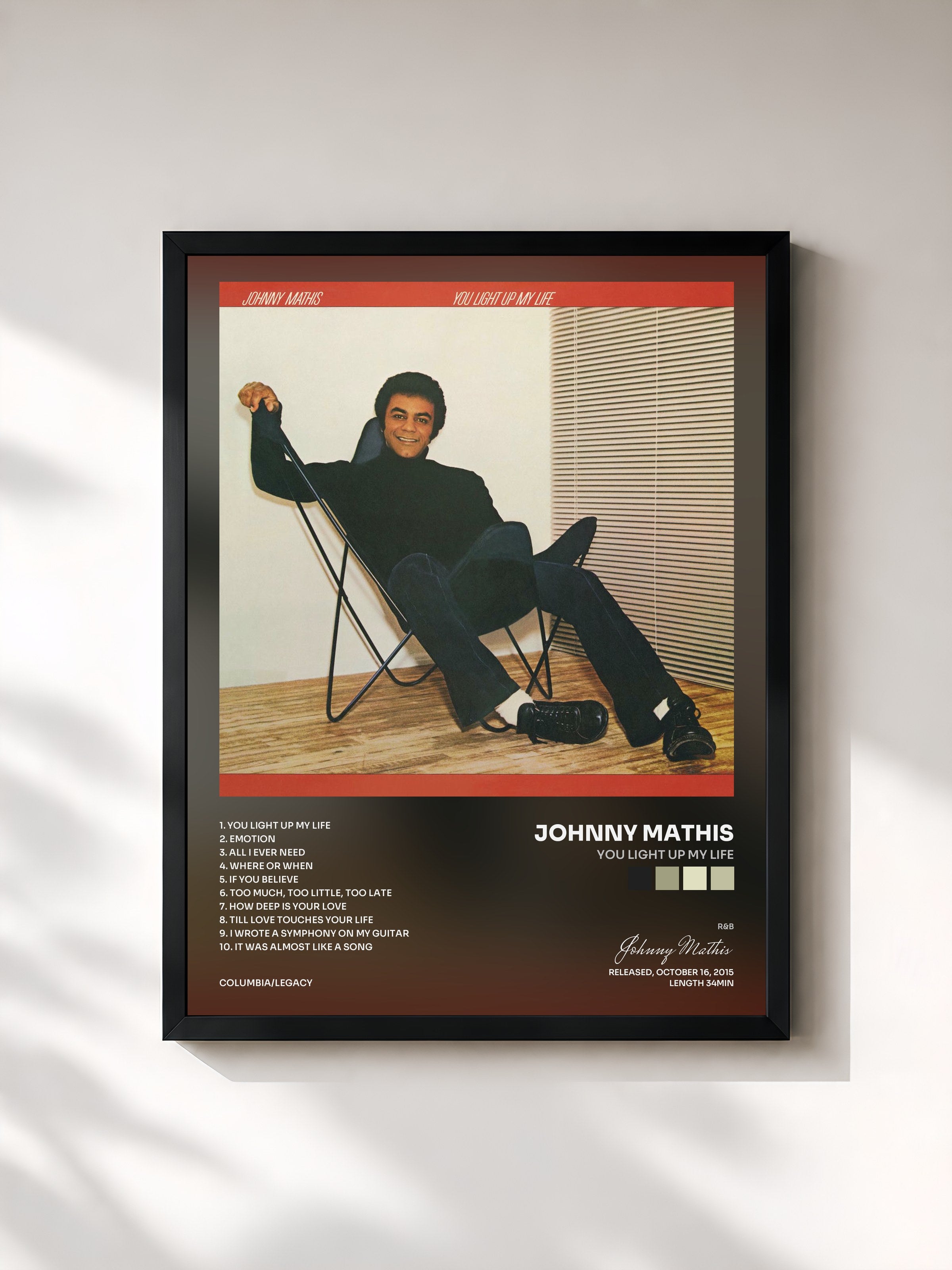 #noir Tableau de l'album You Light Up My Life de Johnny Mathis, cadre noir, imprimé et encadré en France