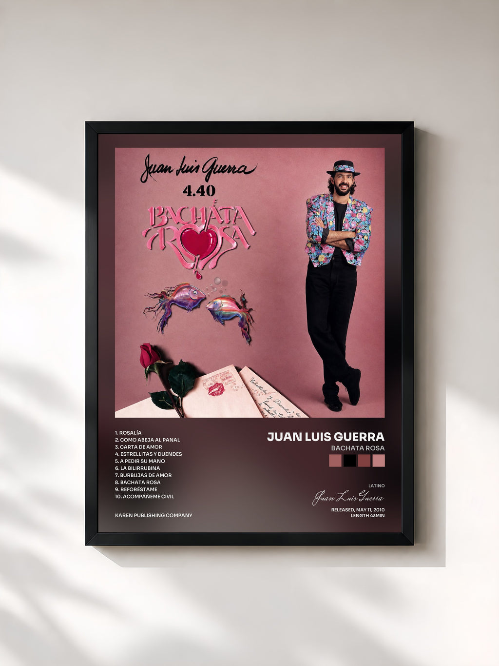 #noir Tableau de l'album Bachata Rosa de Juan Luis Guerra, cadre noir, imprimé et encadré en France