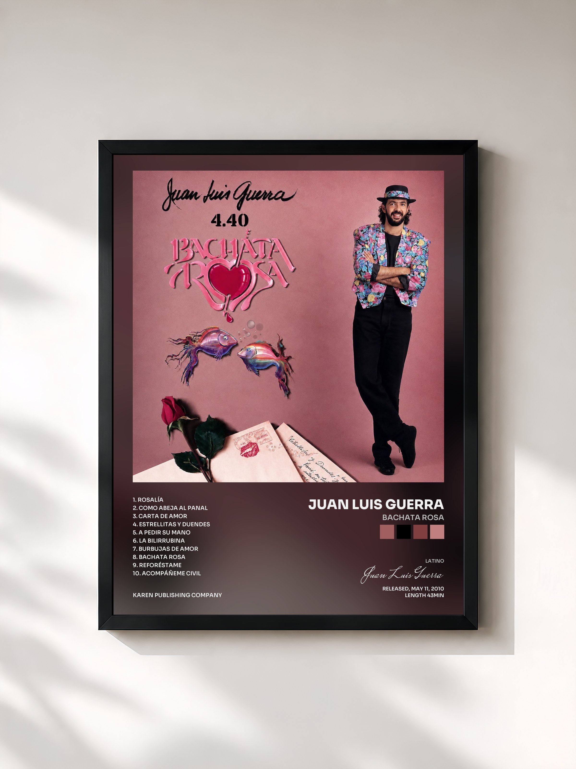 #noir Tableau de l'album Bachata Rosa de Juan Luis Guerra, cadre noir, imprimé et encadré en France