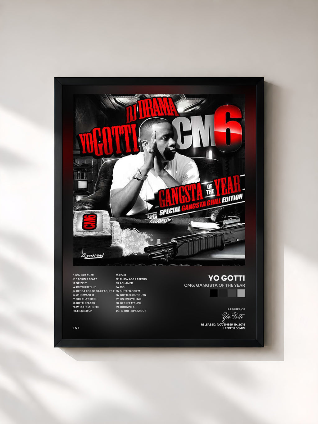 #noir Tableau de l'album CM6: Gangsta of the Year de Yo Gotti, cadre noir, imprimé et encadré en France