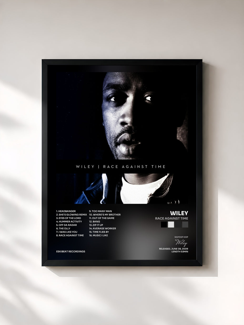 #noir Tableau de l'album Race Against Time de Wiley, cadre noir, imprimé et encadré en France