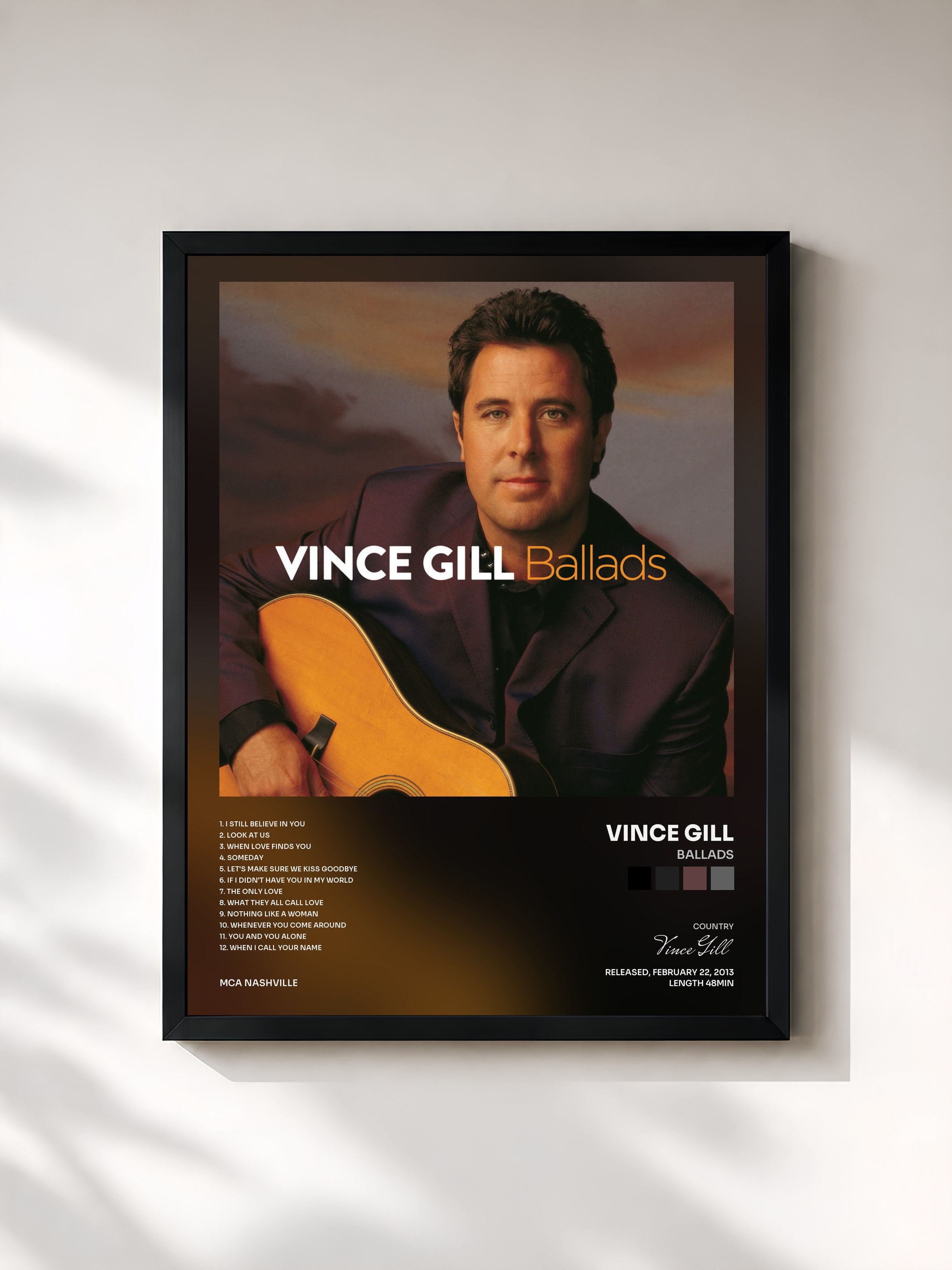 #noir Tableau de l'album Ballads de Vince Gill, cadre noir, imprimé et encadré en France