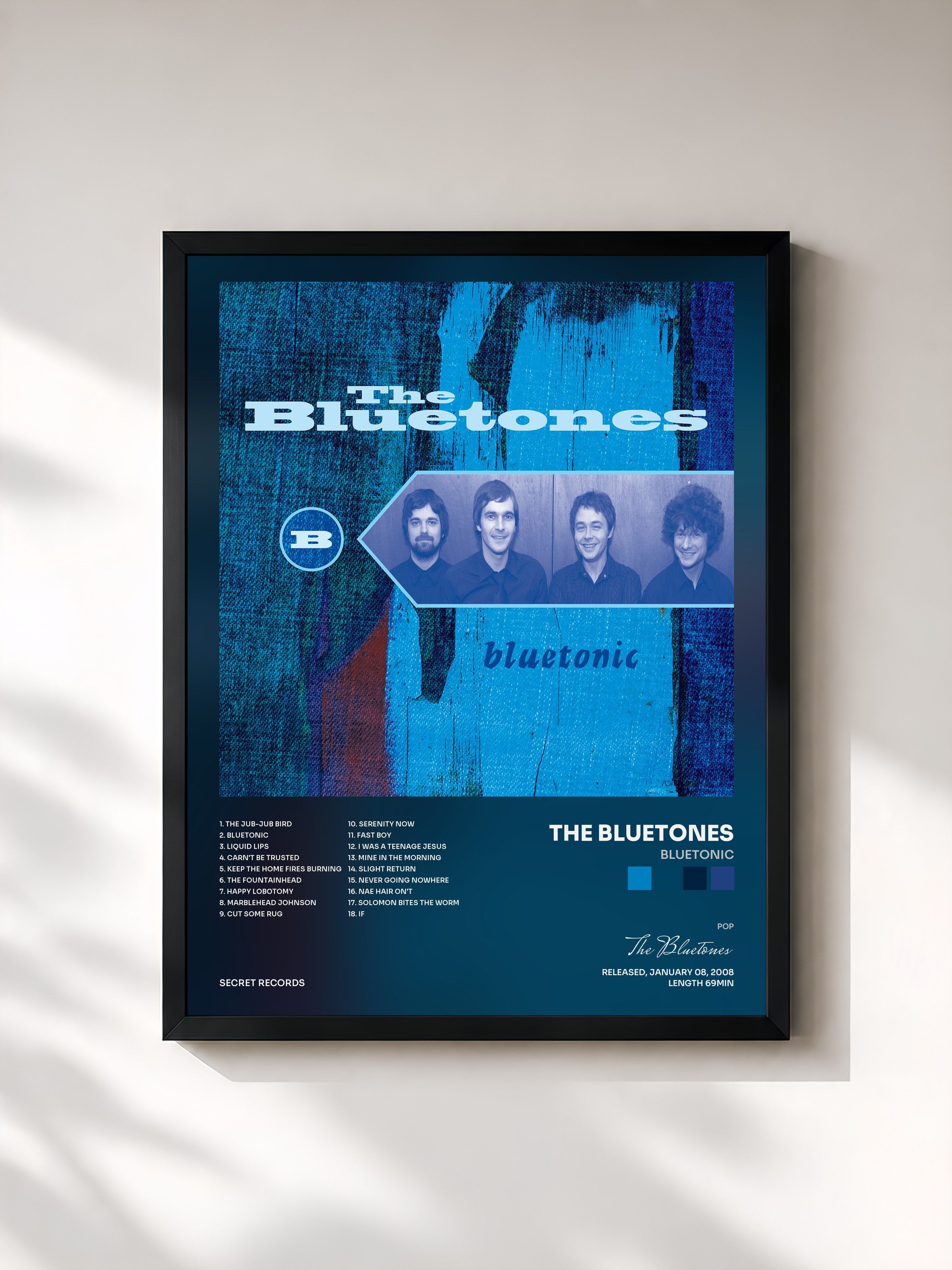 #noir Tableau de l'album Bluetonic de The Bluetones, cadre noir, imprimé et encadré en France