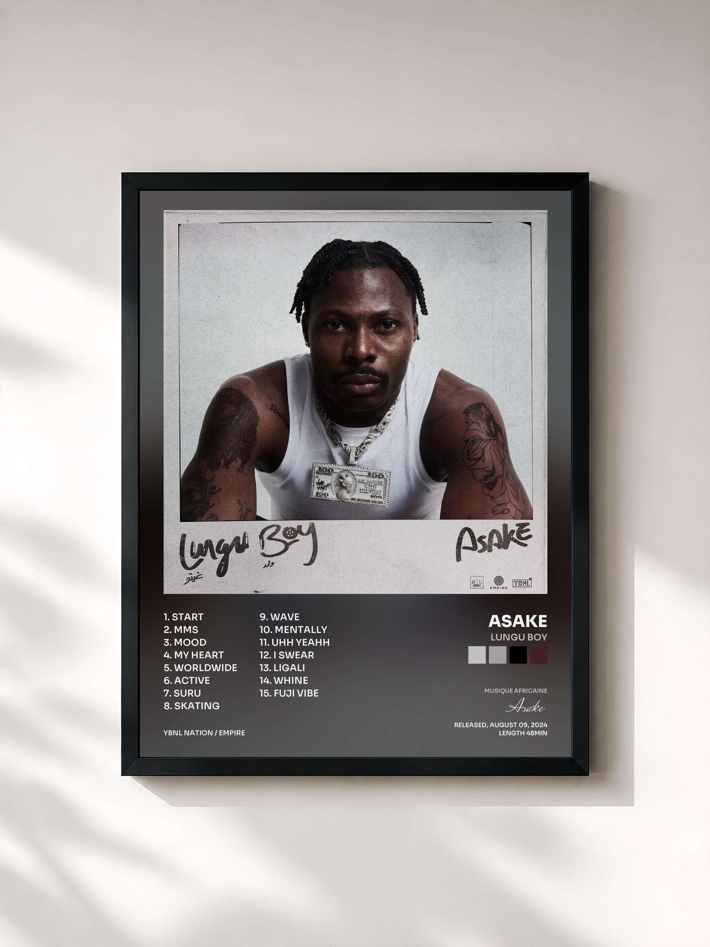 #noir Tableau de l'album Lungu Boy de Asake, cadre noir, imprimé et encadré en France