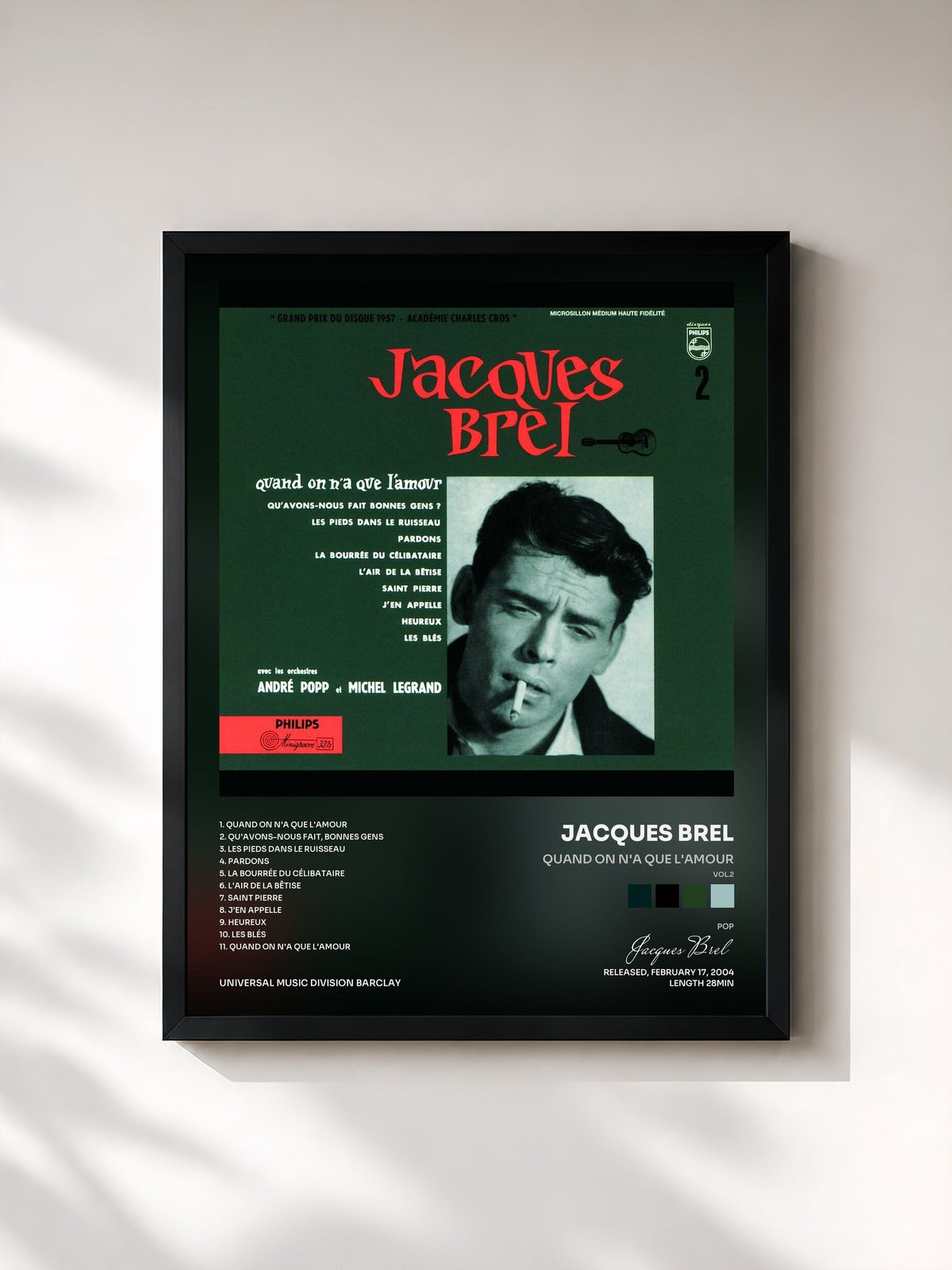 #noir Tableau de l'album Quand On N'A Que L'Amour (Vol.2) de Jacques Brel, cadre noir, imprimé et encadré en France