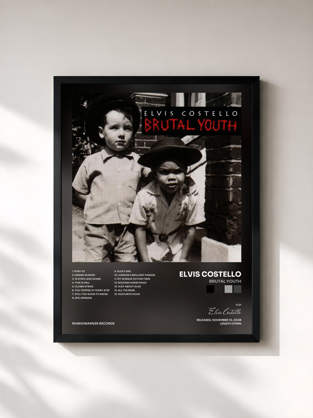 #noir Tableau de l'album Brutal Youth de Elvis Costello, cadre noir, imprimé et encadré en France