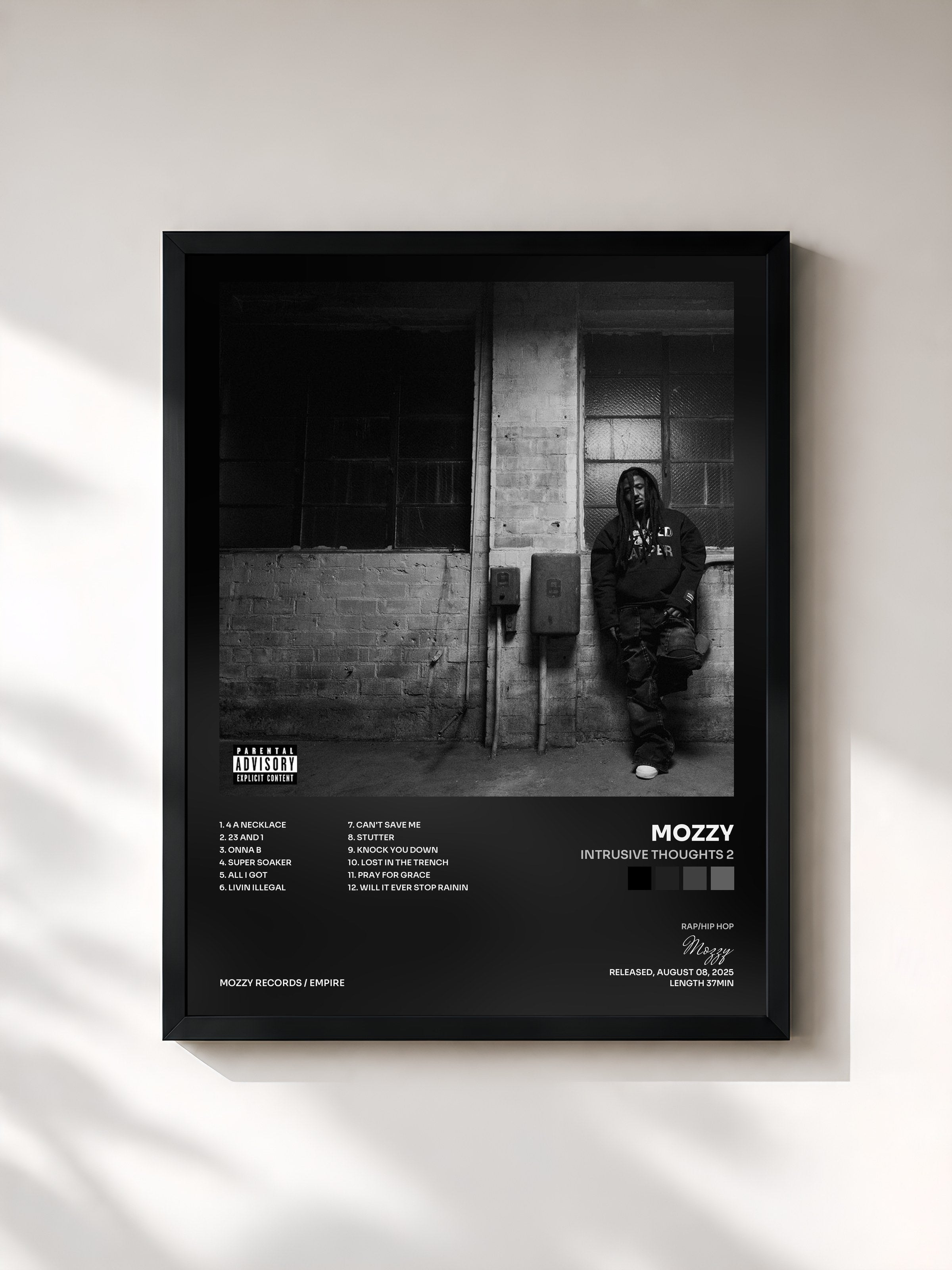 #noir Tableau de l'album INTRUSIVE THOUGHTS 2 de Mozzy, cadre noir, imprimé et encadré en France