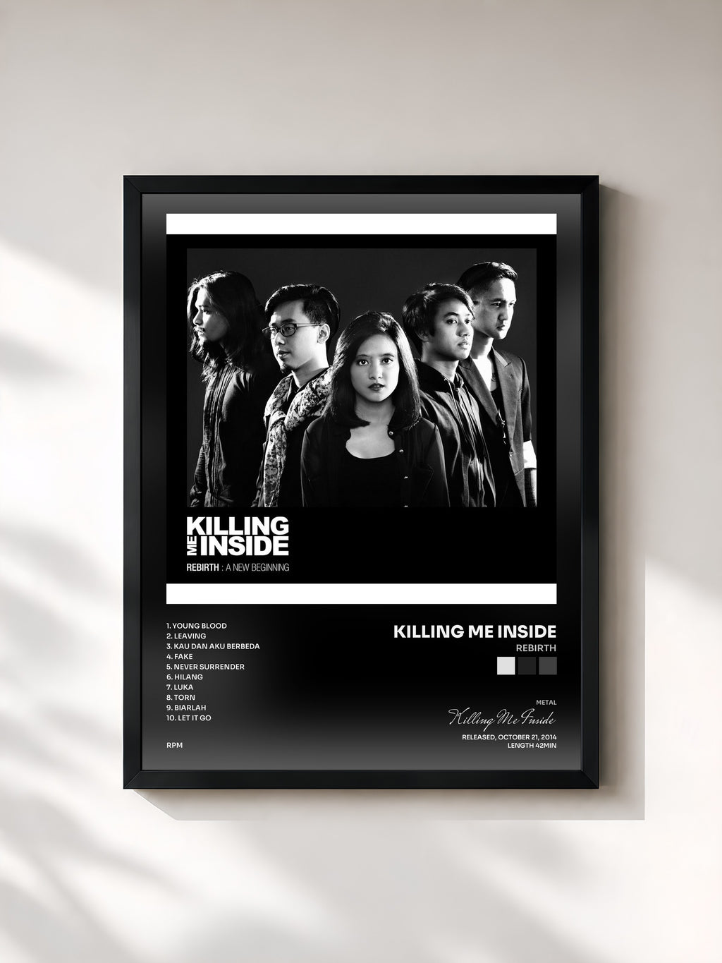 #noir Tableau de l'album REBIRTH de Killing Me Inside, cadre noir, imprimé et encadré en France
