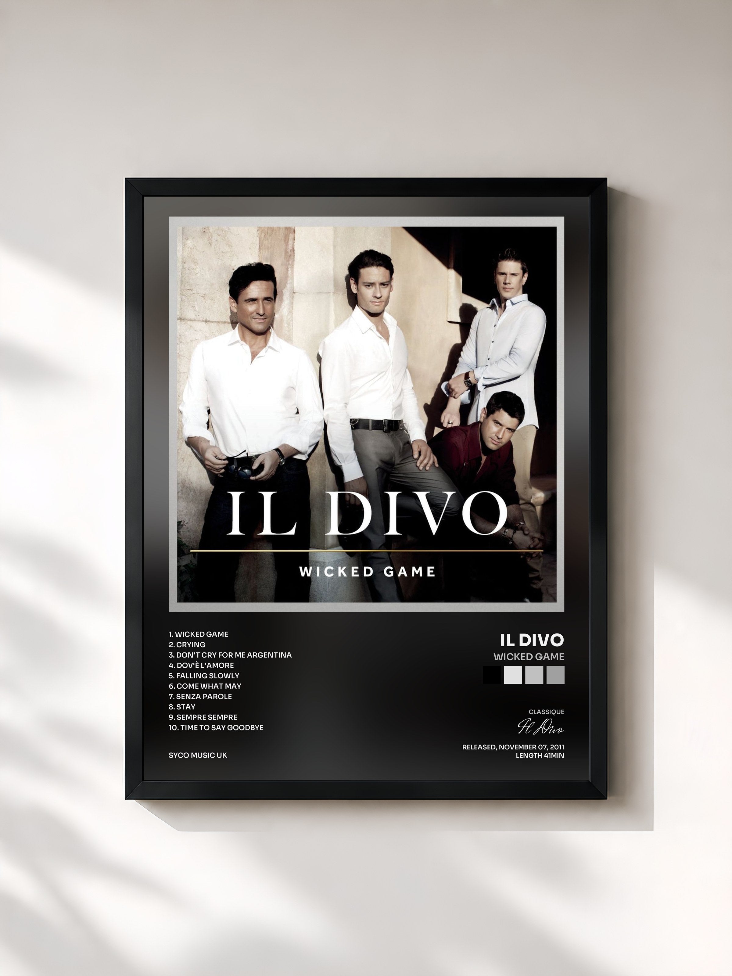 #noir Tableau de l'album Wicked Game de Il Divo, cadre noir, imprimé et encadré en France
