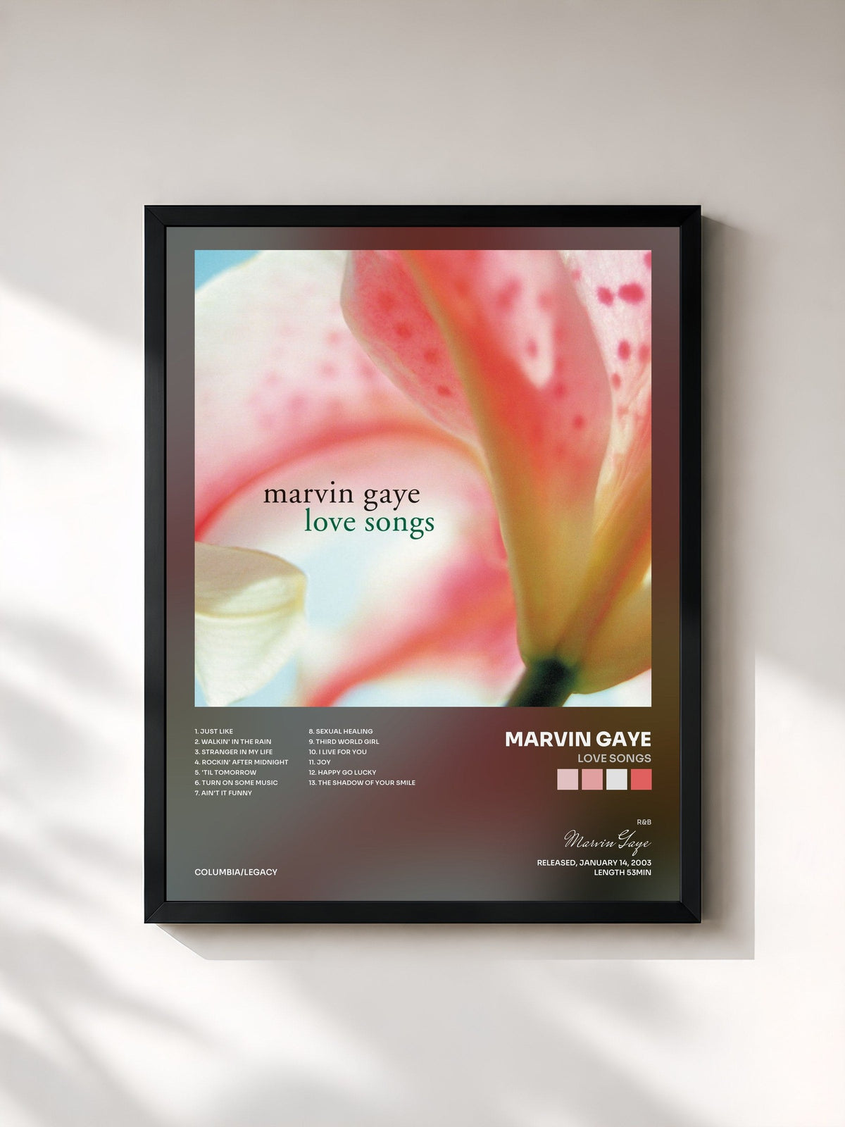#noir Tableau de l'album Love Songs de Marvin Gaye, cadre noir, imprimé et encadré en France