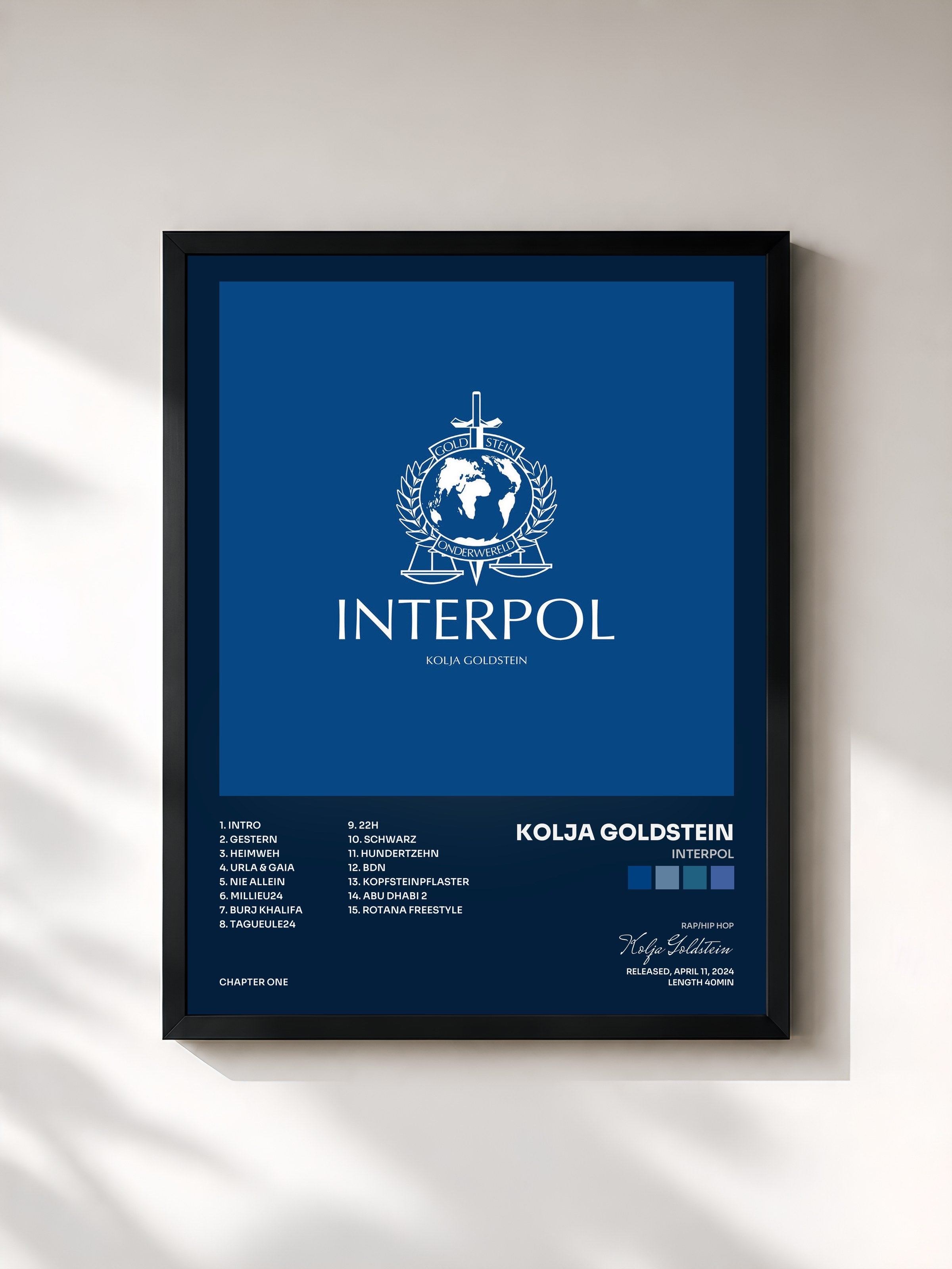 #noir Tableau de l'album INTERPOL de Kolja Goldstein, cadre noir, imprimé et encadré en France