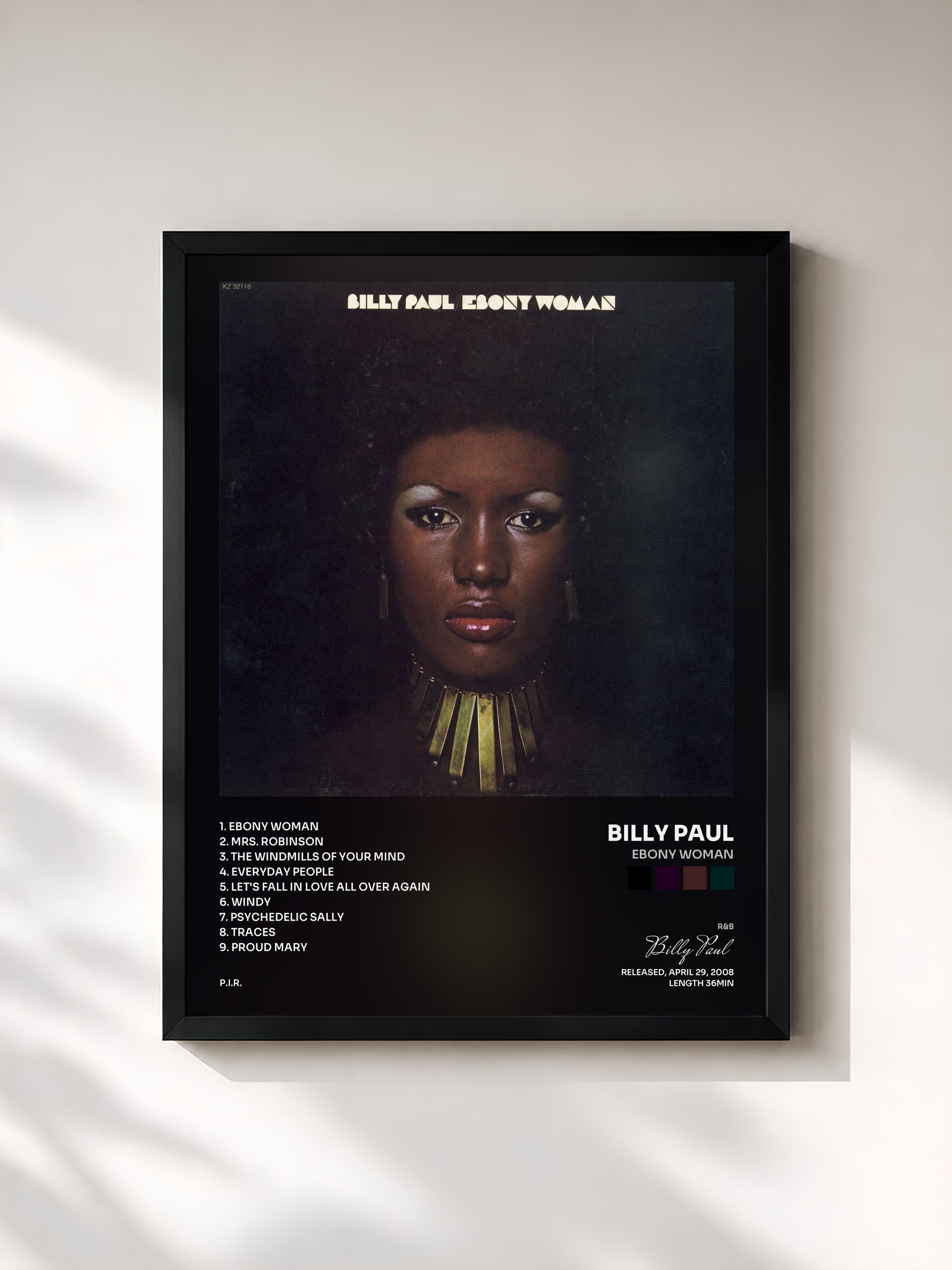 #noir Tableau de l'album Ebony Woman de Billy Paul, cadre noir, imprimé et encadré en France
