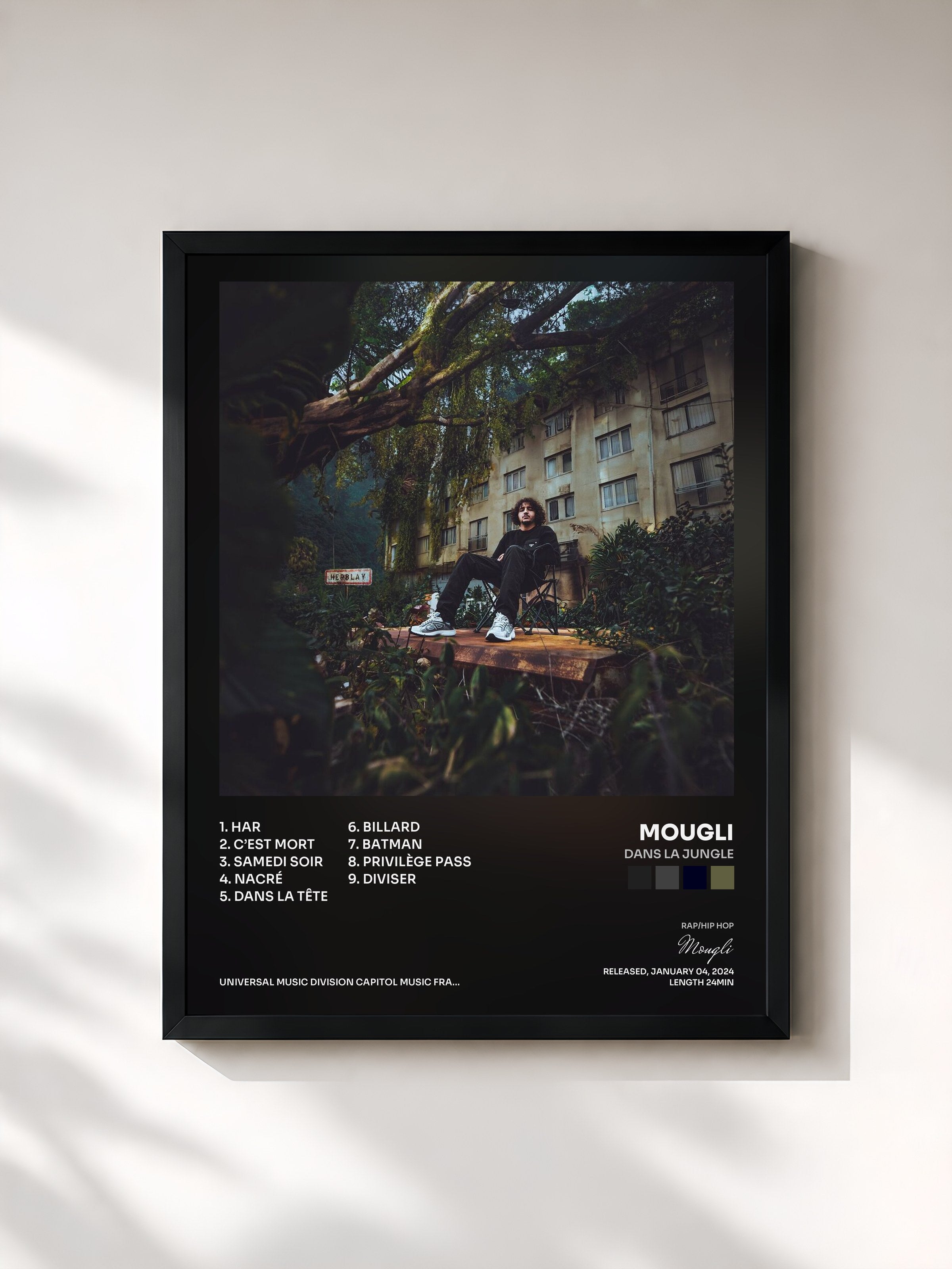 #noir Tableau de l'album Dans la jungle de Mougli, cadre noir, imprimé et encadré en France