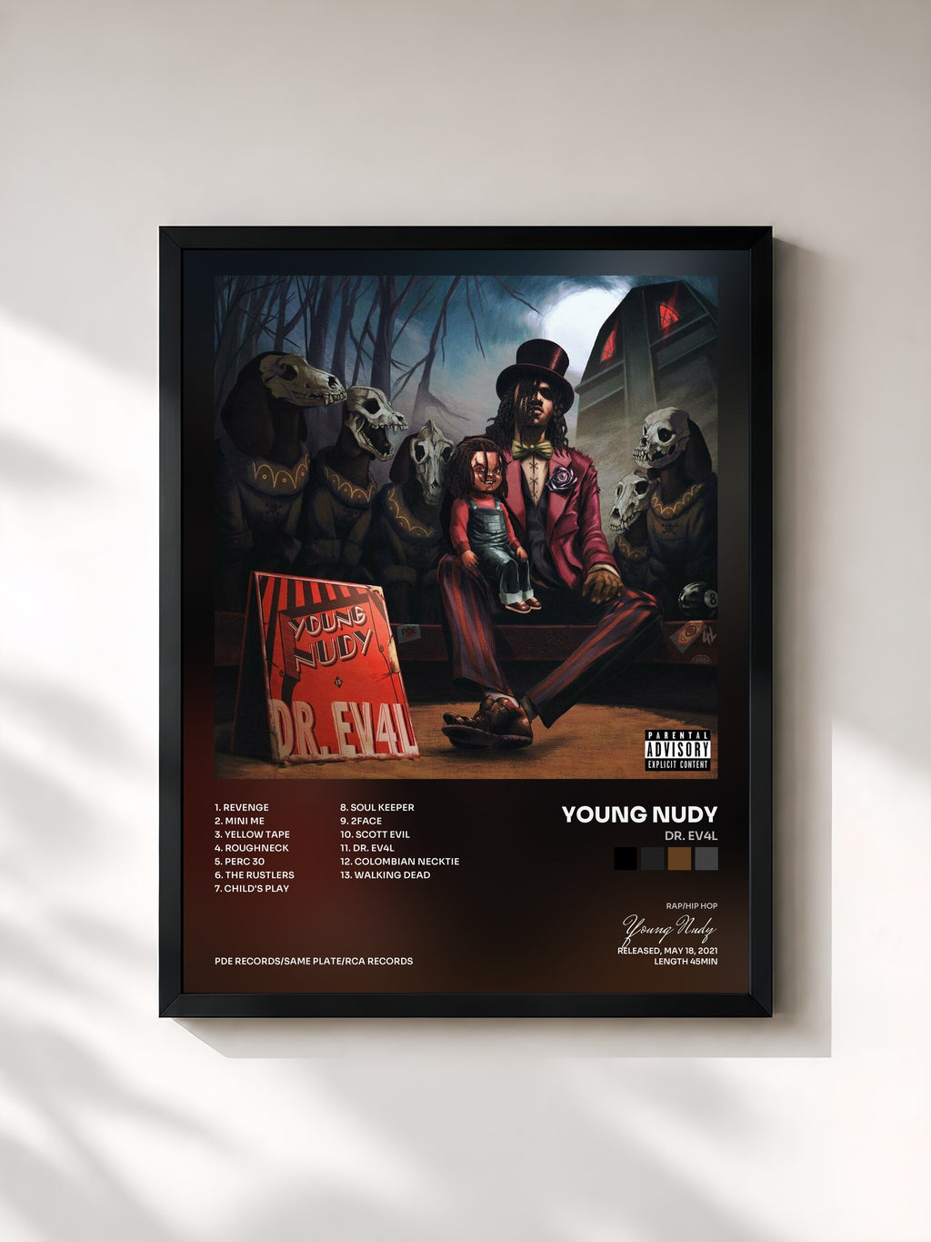 #noir Tableau de l'album DR. EV4L de Young Nudy, cadre noir, imprimé et encadré en France