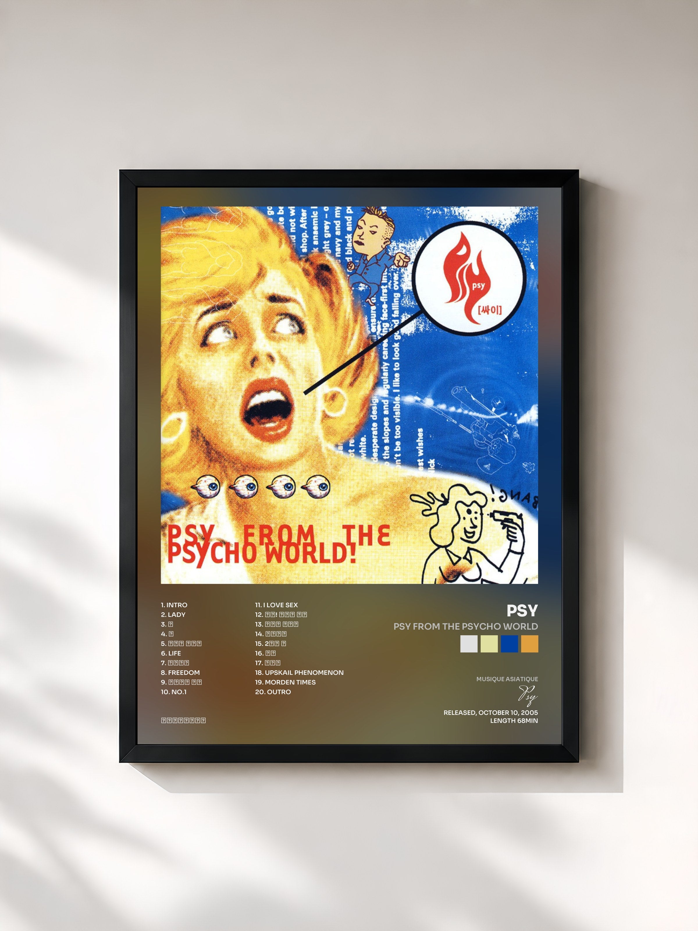 #noir Tableau de l'album Psy From The Psycho World de Psy, cadre noir, imprimé et encadré en France