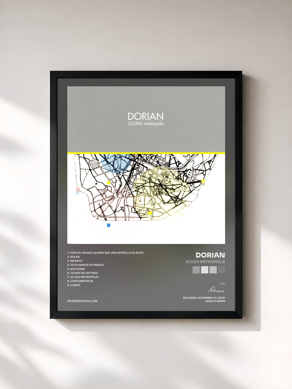#noir Tableau de l'album 10.000 Metrópolis de Dorian, cadre noir, imprimé et encadré en France
