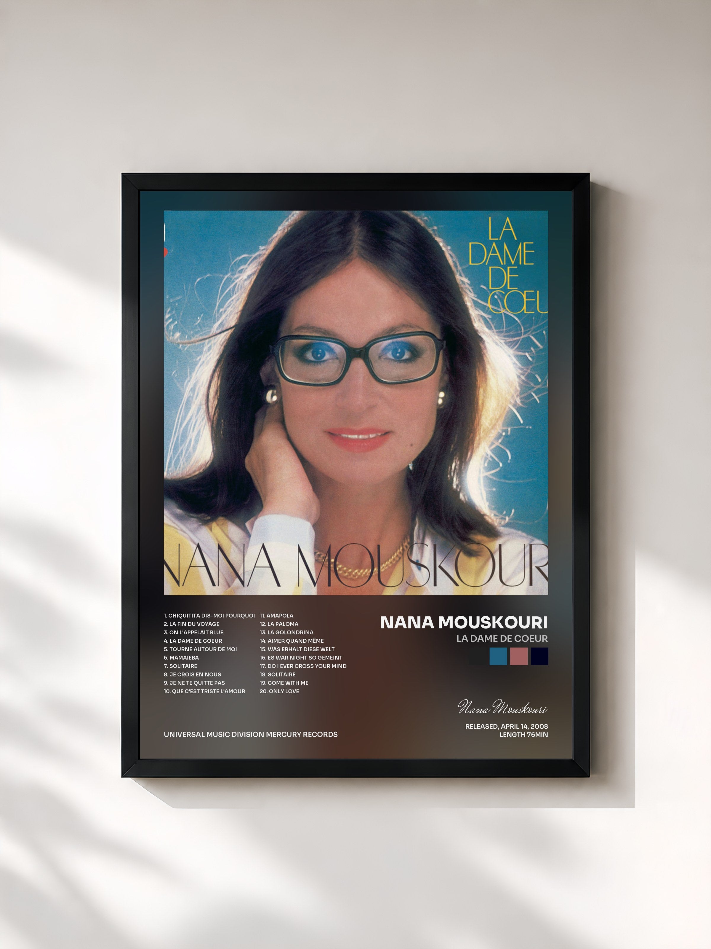 #noir Tableau de l'album La Dame De Coeur de Nana Mouskouri, cadre noir, imprimé et encadré en France