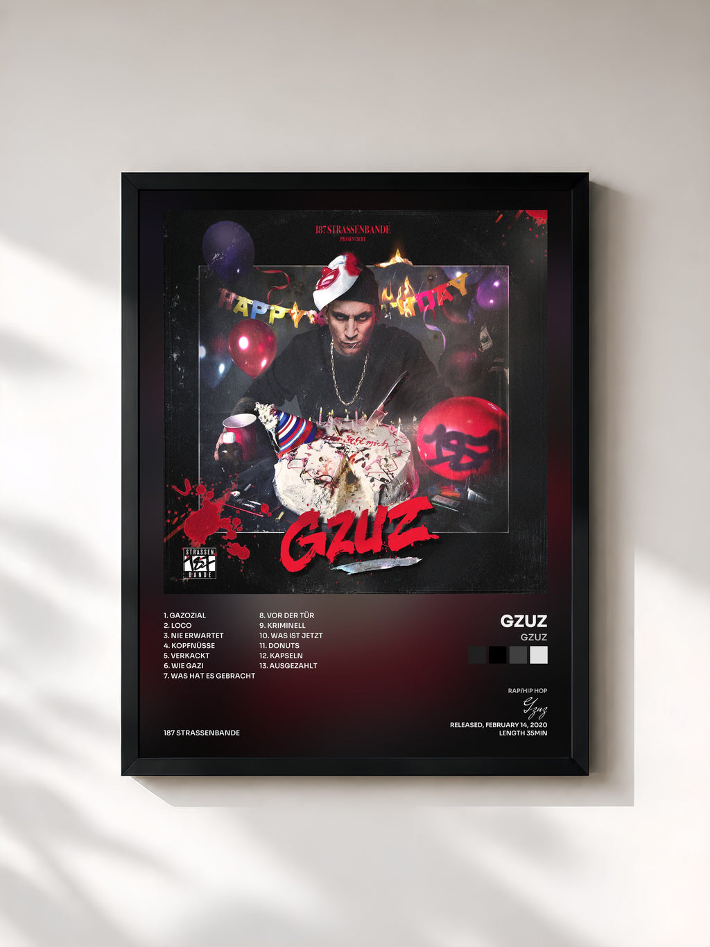 #noir Tableau de l'album Gzuz de Gzuz, cadre noir, imprimé et encadré en France
