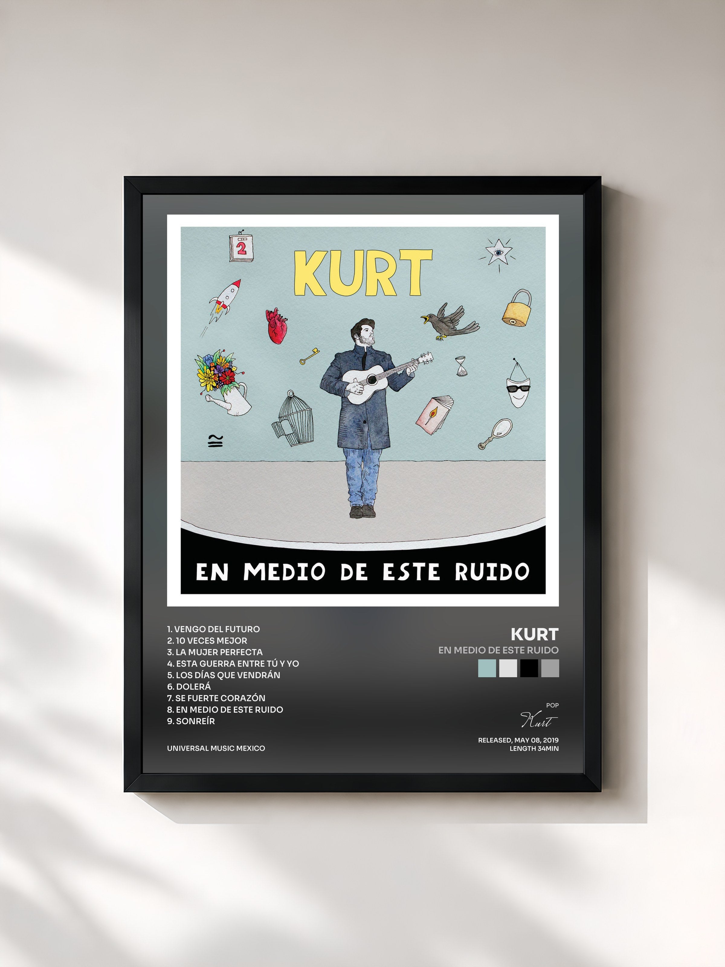 #noir Tableau de l'album En Medio De Este Ruido de Kurt, cadre noir, imprimé et encadré en France