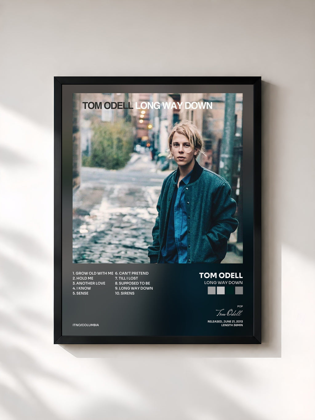 #noir Tableau de l'album Long Way Down de Tom Odell, cadre noir, imprimé et encadré en France