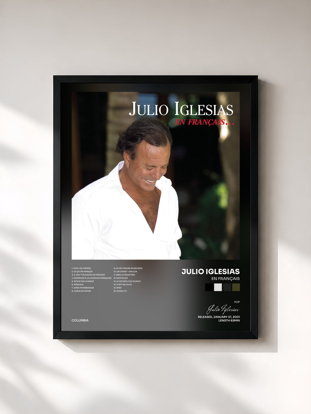 #noir Tableau de l'album En français de Julio Iglesias, cadre noir, imprimé et encadré en France