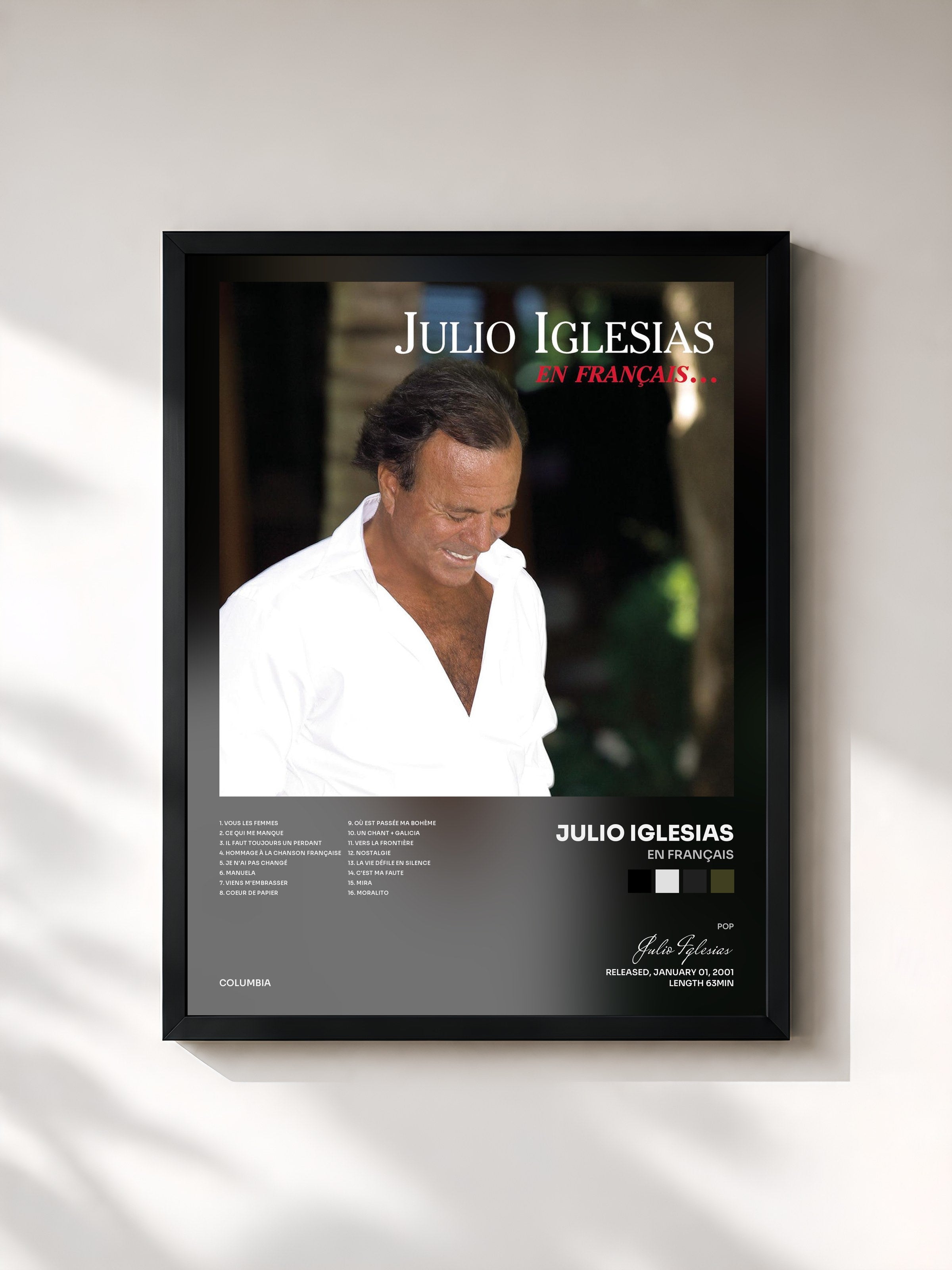 #noir Tableau de l'album En français de Julio Iglesias, cadre noir, imprimé et encadré en France