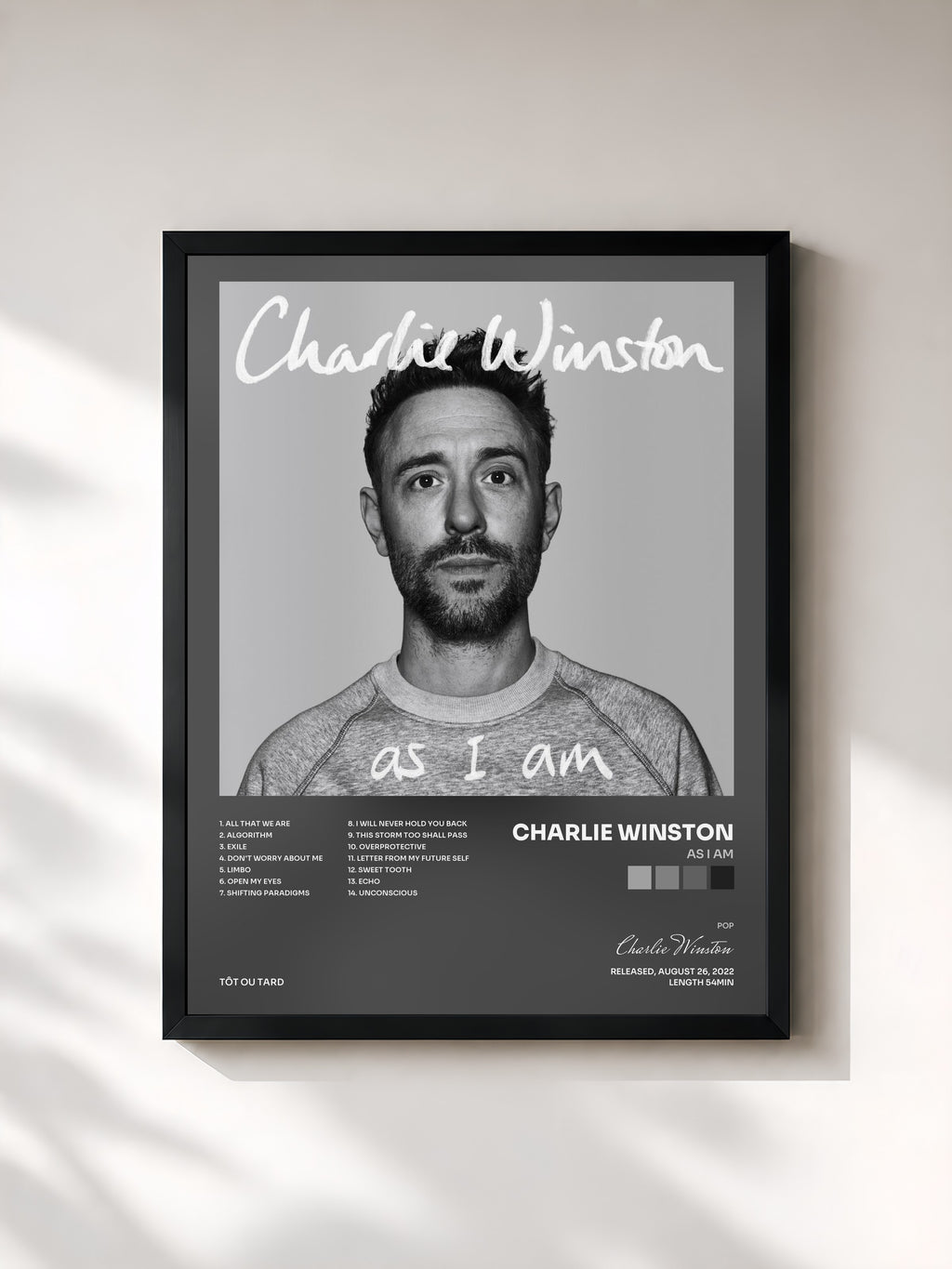#noir Tableau de l'album As I Am de Charlie Winston, cadre noir, imprimé et encadré en France