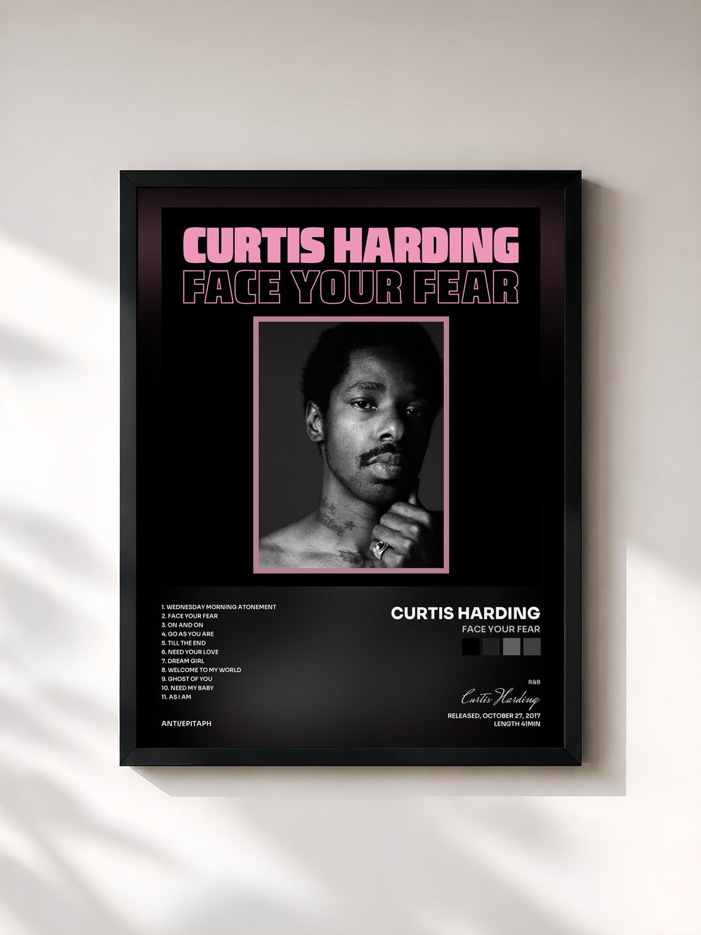 #noir Tableau de l'album Face Your Fear de Curtis Harding, cadre noir, imprimé et encadré en France
