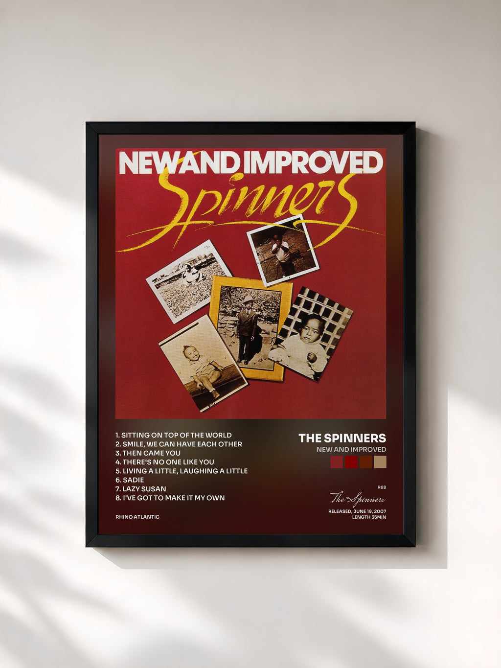 #noir Tableau de l'album New And Improved de The Spinners, cadre noir, imprimé et encadré en France