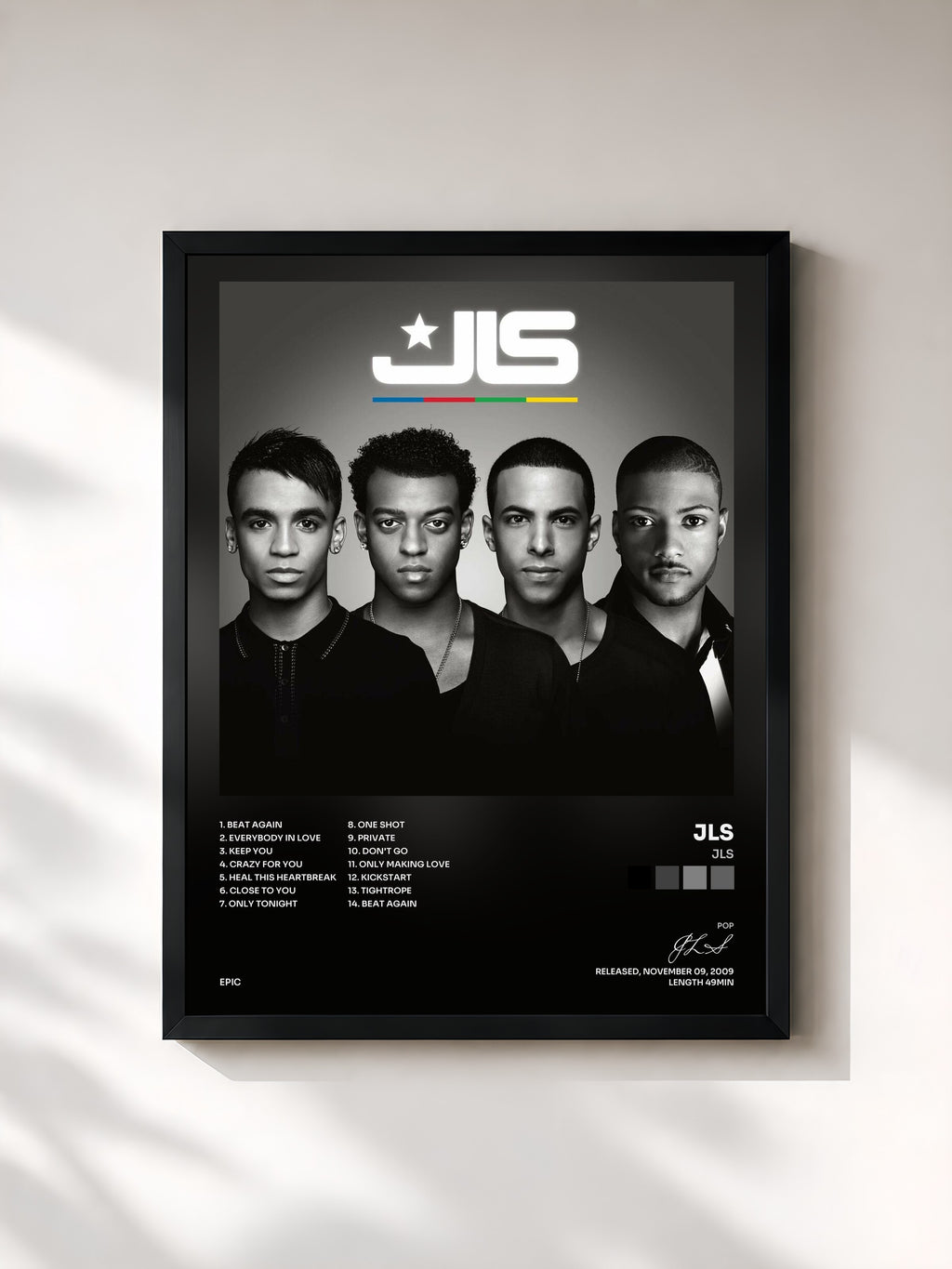 #noir Tableau de l'album JLS de JLS, cadre noir, imprimé et encadré en France
