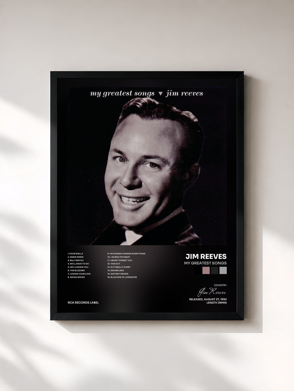 #noir Tableau de l'album My Greatest Songs de Jim Reeves, cadre noir, imprimé et encadré en France