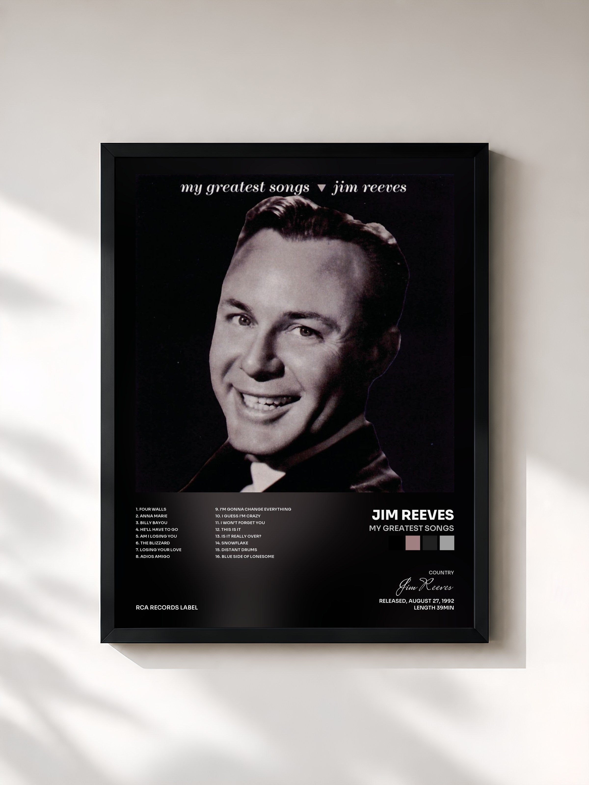#noir Tableau de l'album My Greatest Songs de Jim Reeves, cadre noir, imprimé et encadré en France