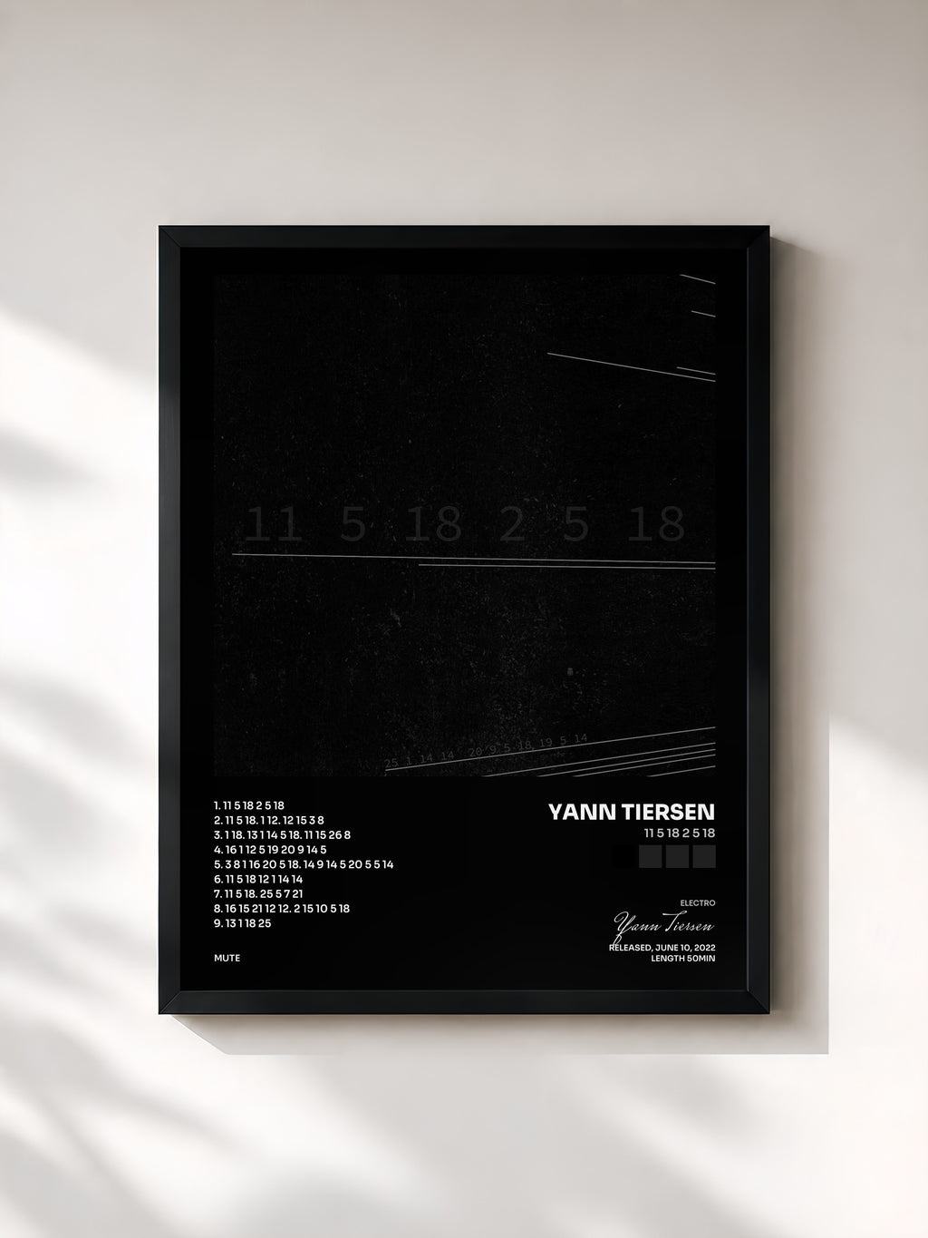 #noir Tableau de l'album 11 5 18 2 5 18 de Yann Tiersen, cadre noir, imprimé et encadré en France