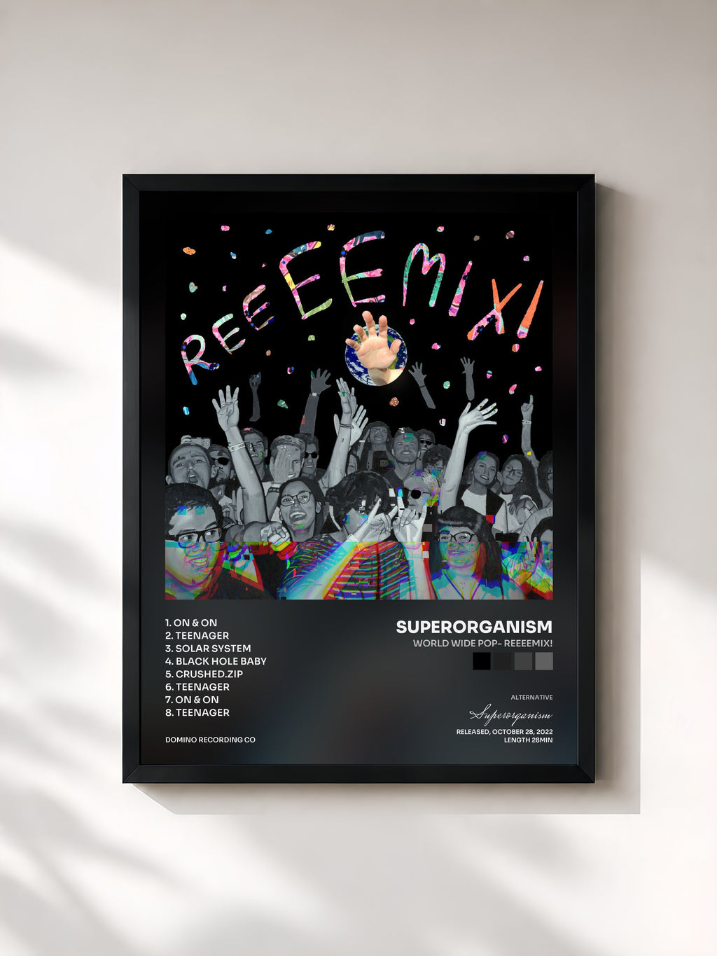#noir Tableau de l'album World Wide Pop- Reeeemix! de Superorganism, cadre noir, imprimé et encadré en France