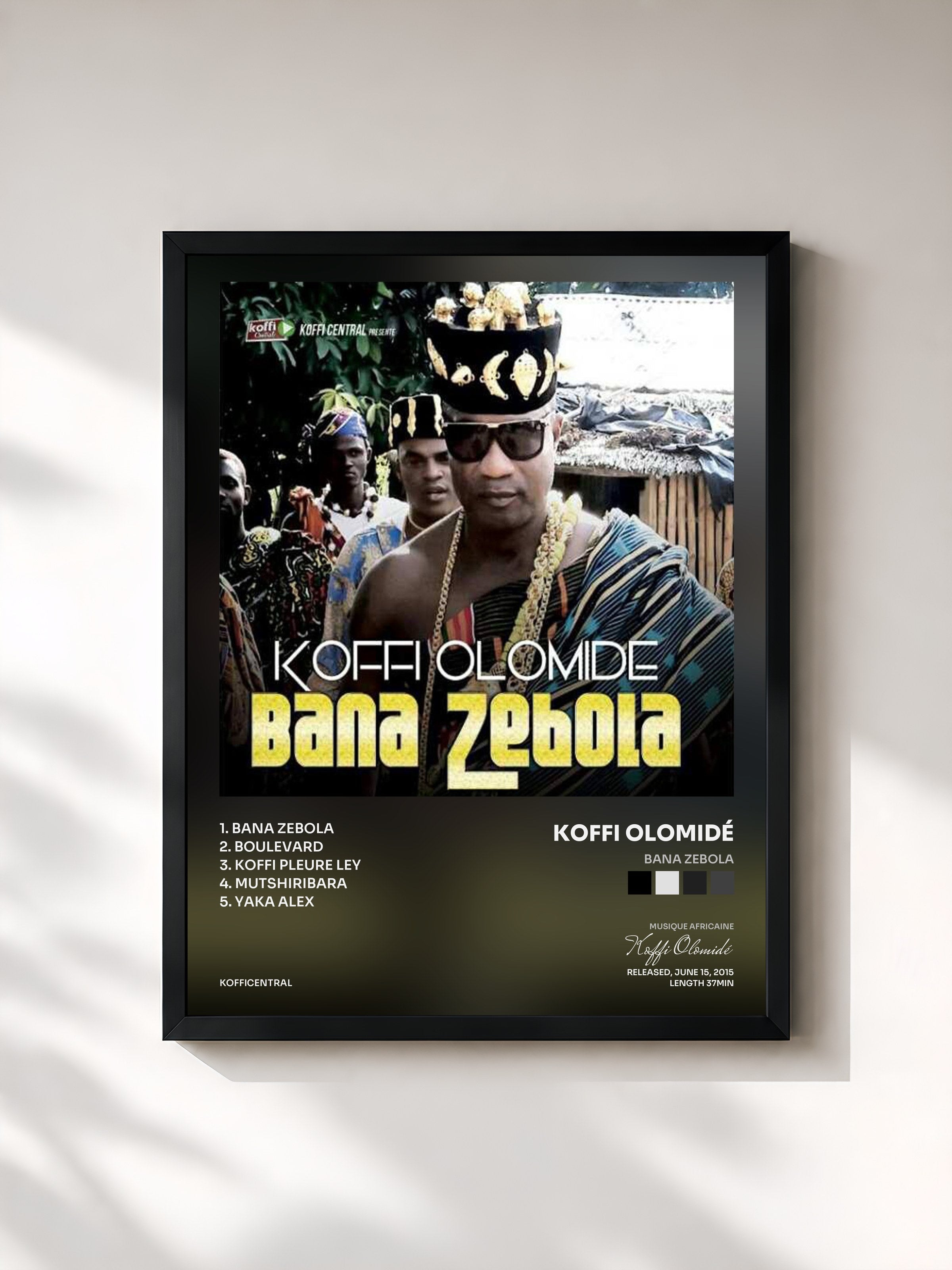 #noir Tableau de l'album Bana Zebola de Koffi Olomidé, cadre noir, imprimé et encadré en France