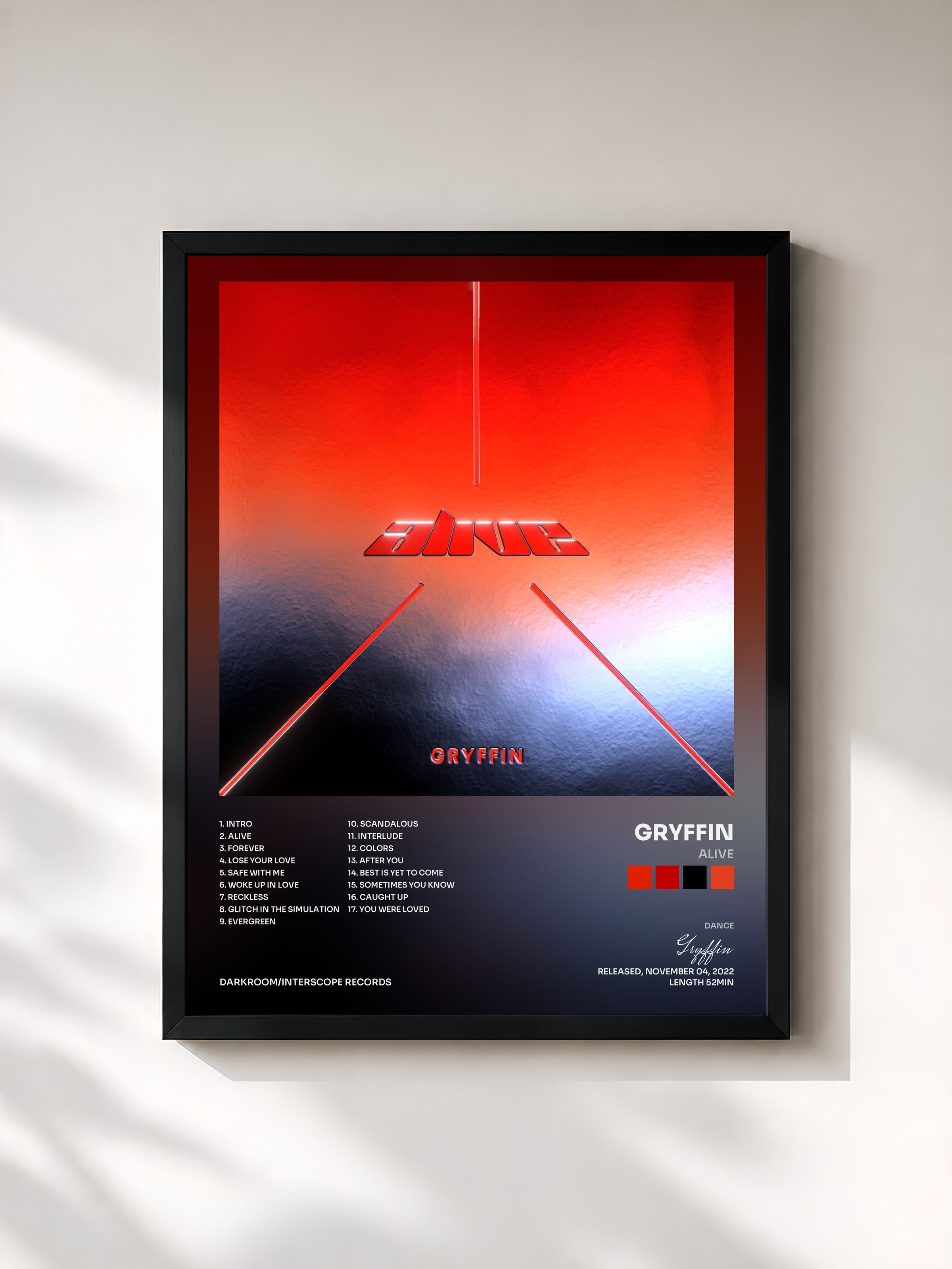 #noir Tableau de l'album Alive de Gryffin, cadre noir, imprimé et encadré en France