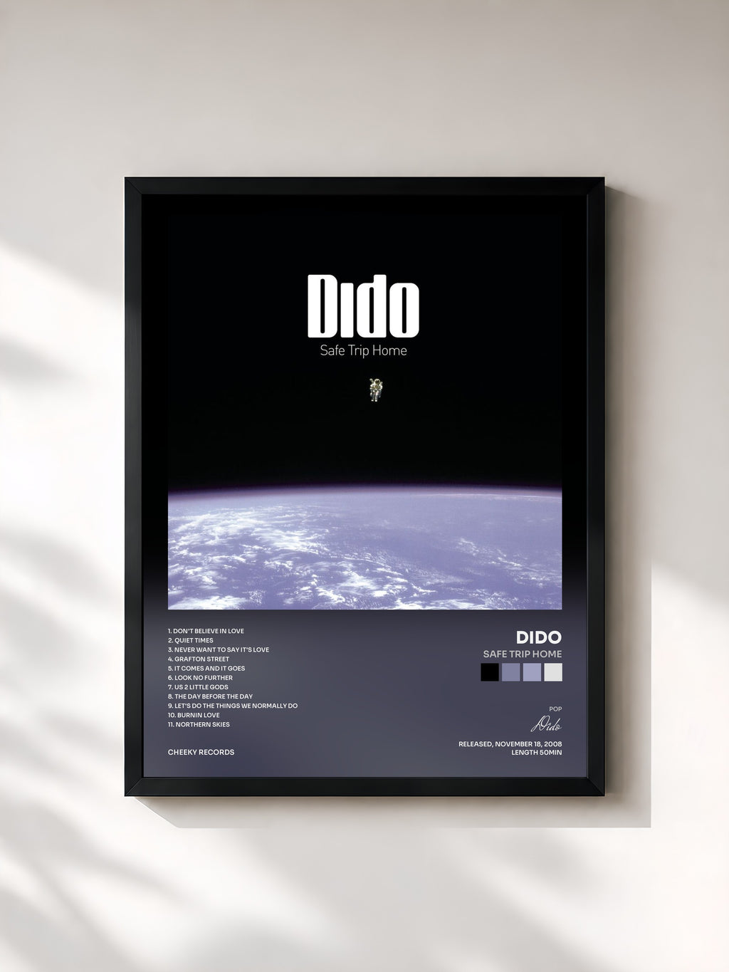 #noir Tableau de l'album Safe Trip Home de Dido, cadre noir, imprimé et encadré en France