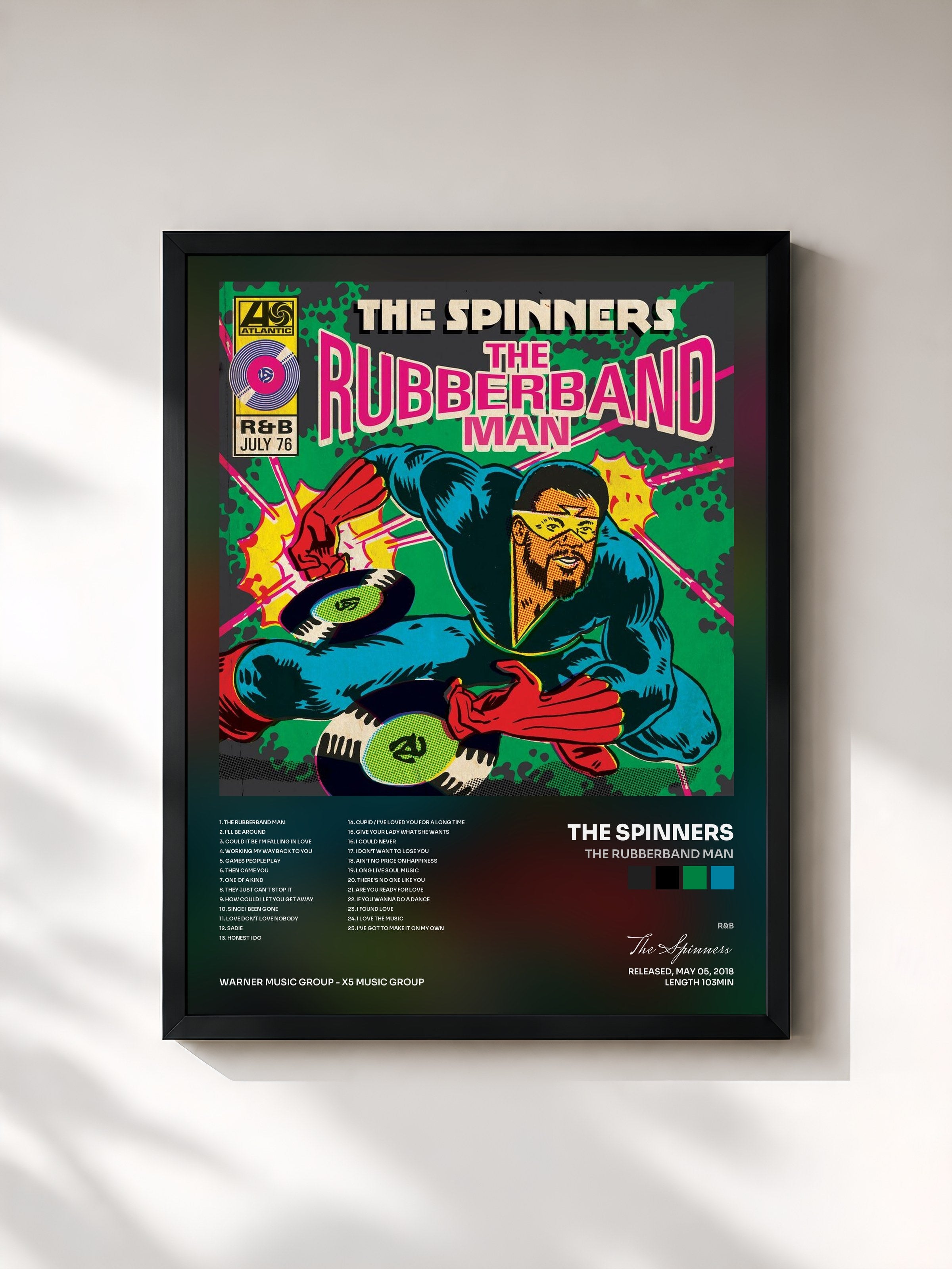 #noir Tableau de l'album The Rubberband Man de The Spinners, cadre noir, imprimé et encadré en France