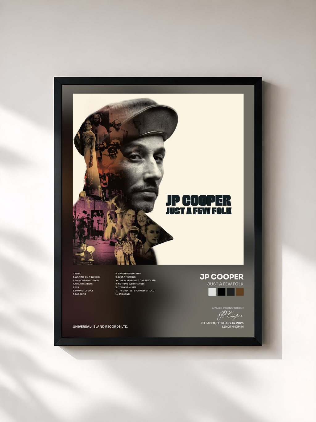#noir Tableau de l'album Just A Few Folk de JP Cooper, cadre noir, imprimé et encadré en France
