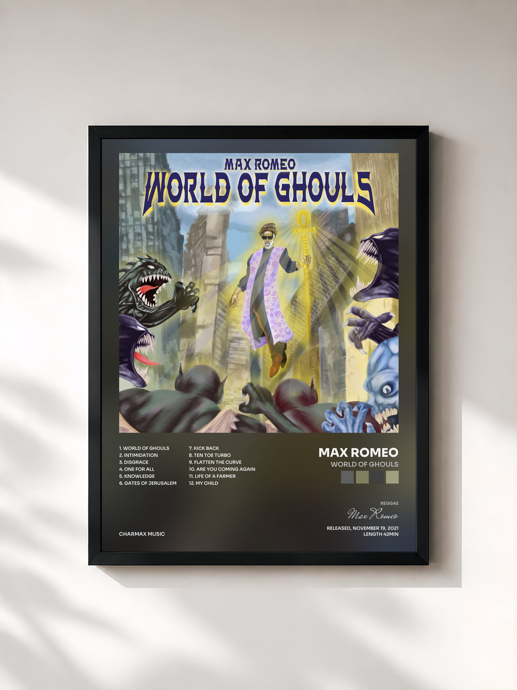 #noir Tableau de l'album World Of Ghouls de Max Romeo, cadre noir, imprimé et encadré en France