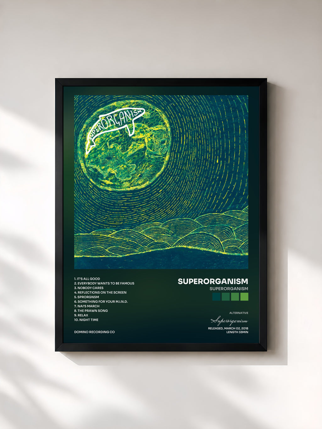 #noir Tableau de l'album Superorganism de Superorganism, cadre noir, imprimé et encadré en France