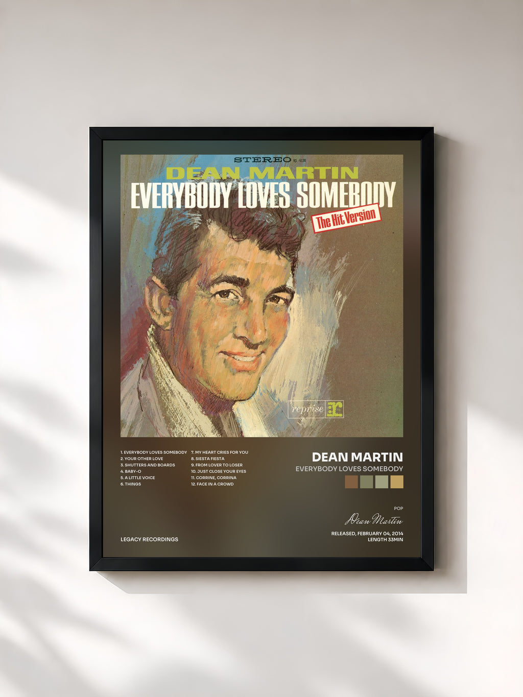 #noir Tableau de l'album Everybody Loves Somebody de Dean Martin, cadre noir, imprimé et encadré en France