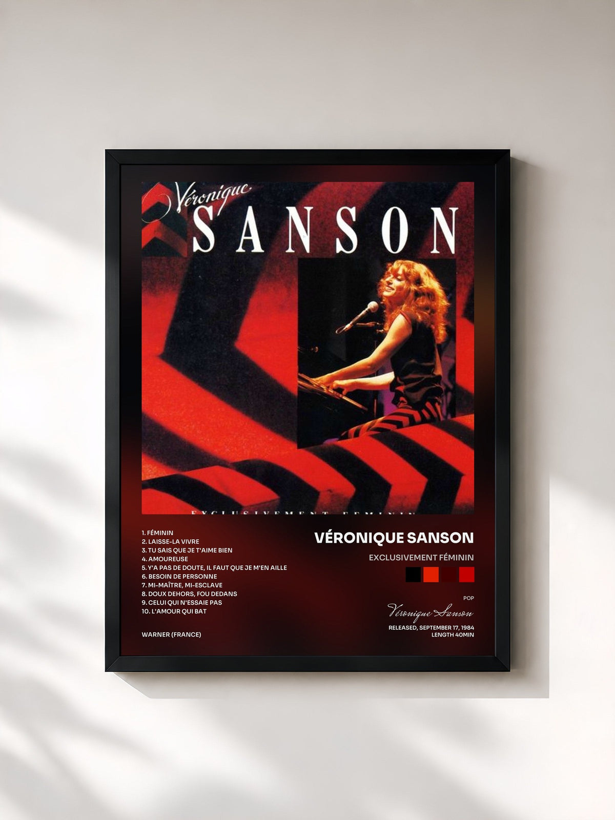 #noir Tableau de l'album Exclusivement féminin de Véronique Sanson, cadre noir, imprimé et encadré en France