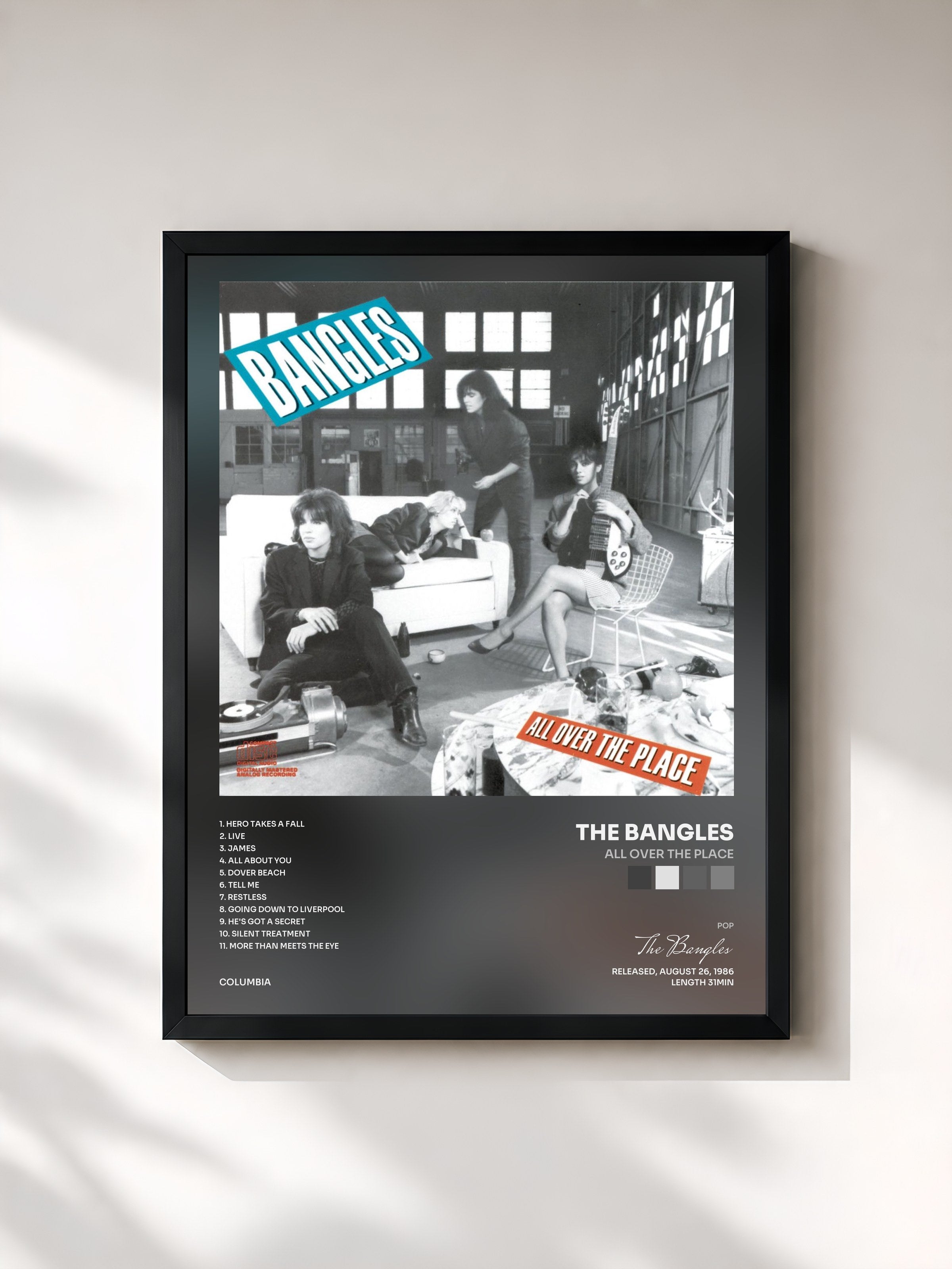 #noir Tableau de l'album All Over The Place de The Bangles, cadre noir, imprimé et encadré en France