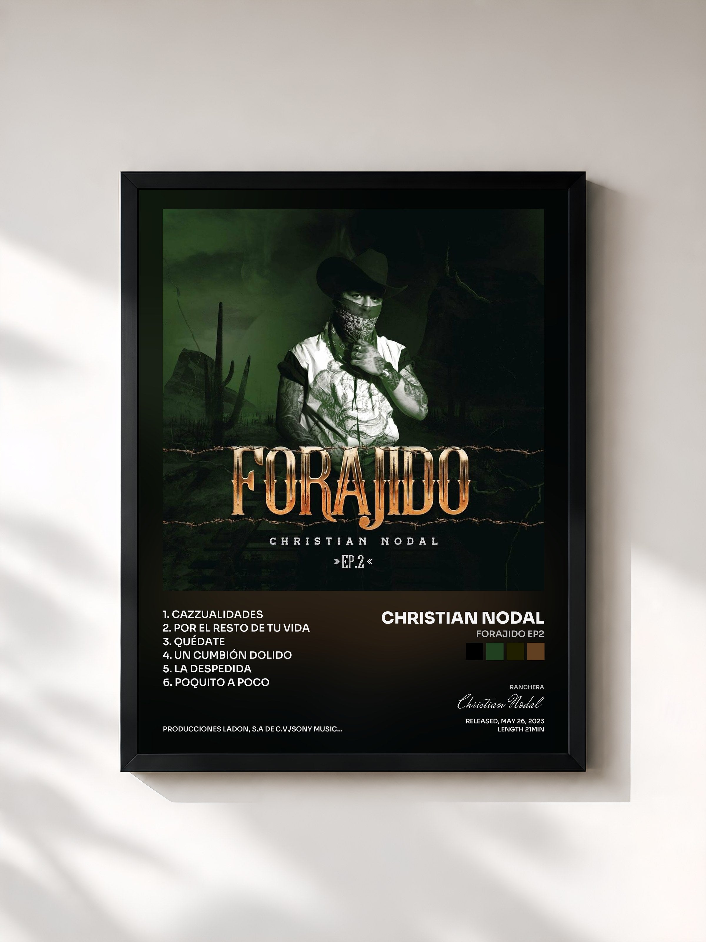 #noir Tableau de l'album Forajido EP2 de Christian Nodal, cadre noir, imprimé et encadré en France