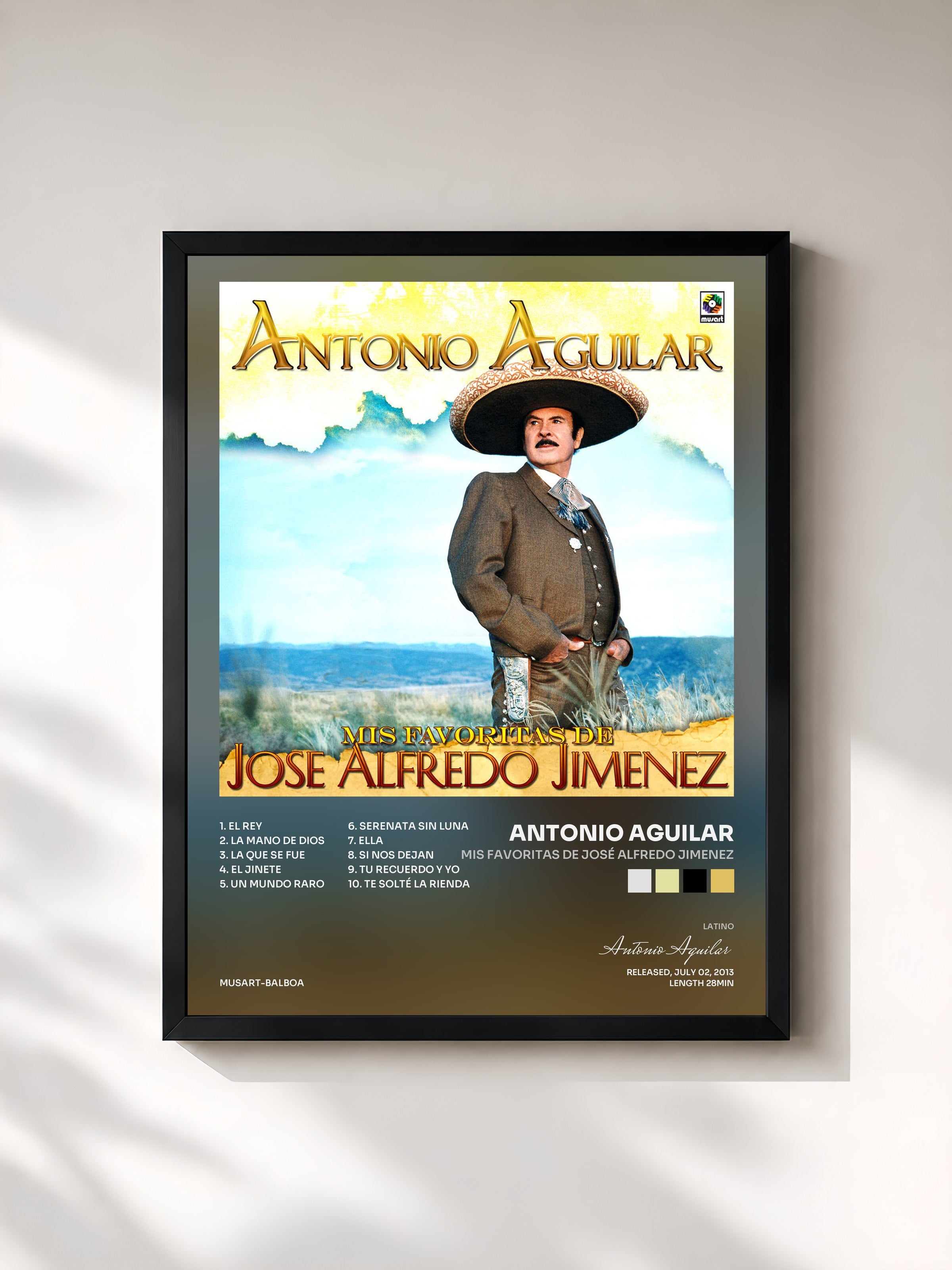 #noir Tableau de l'album Mis Favoritas de José Alfredo Jimenez de Antonio Aguilar, cadre noir, imprimé et encadré en France
