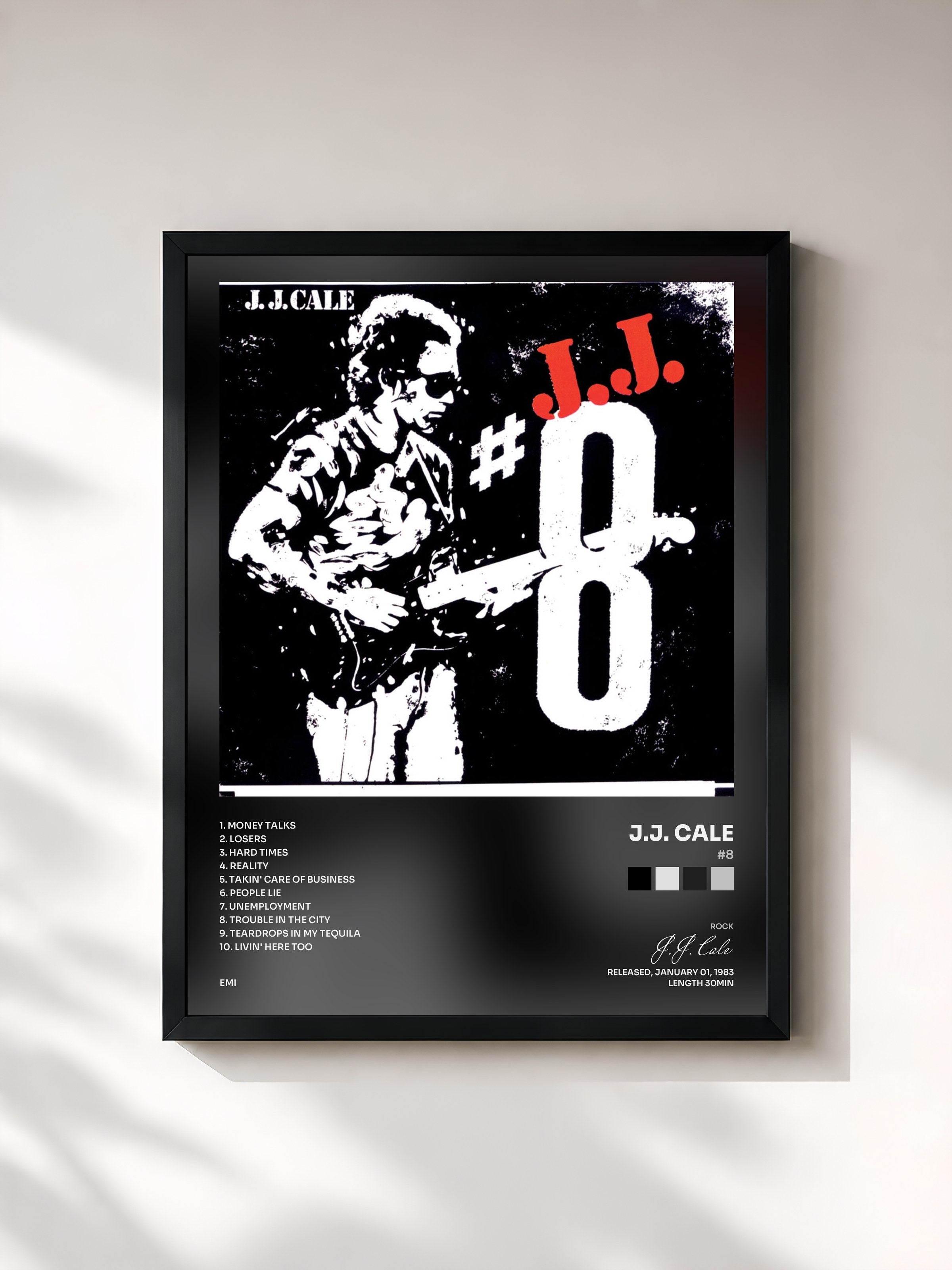 #noir Tableau de l'album #8 de J.J. Cale, cadre noir, imprimé et encadré en France