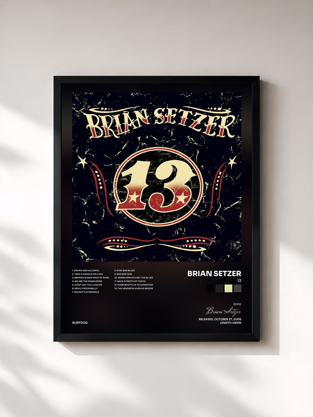 #noir Tableau de l'album 13 de Brian Setzer, cadre noir, imprimé et encadré en France