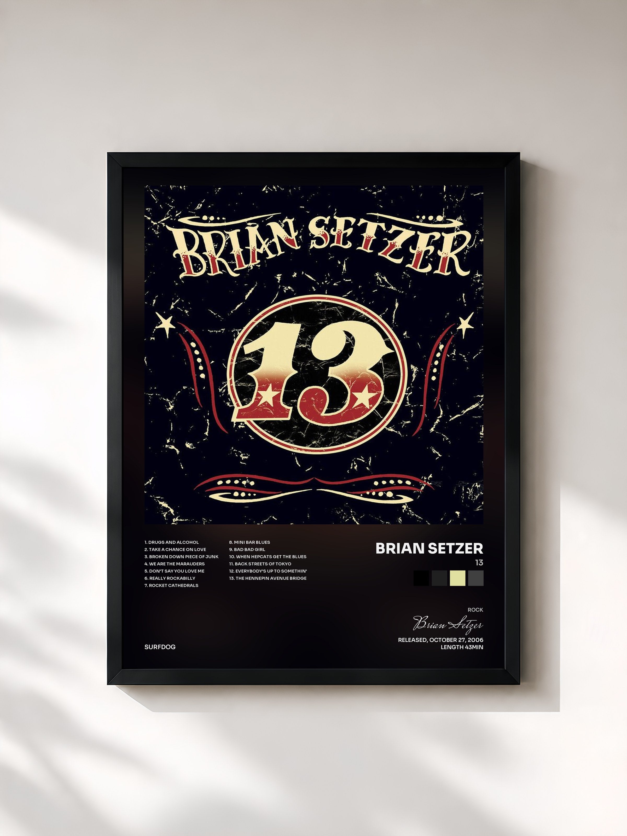 #noir Tableau de l'album 13 de Brian Setzer, cadre noir, imprimé et encadré en France
