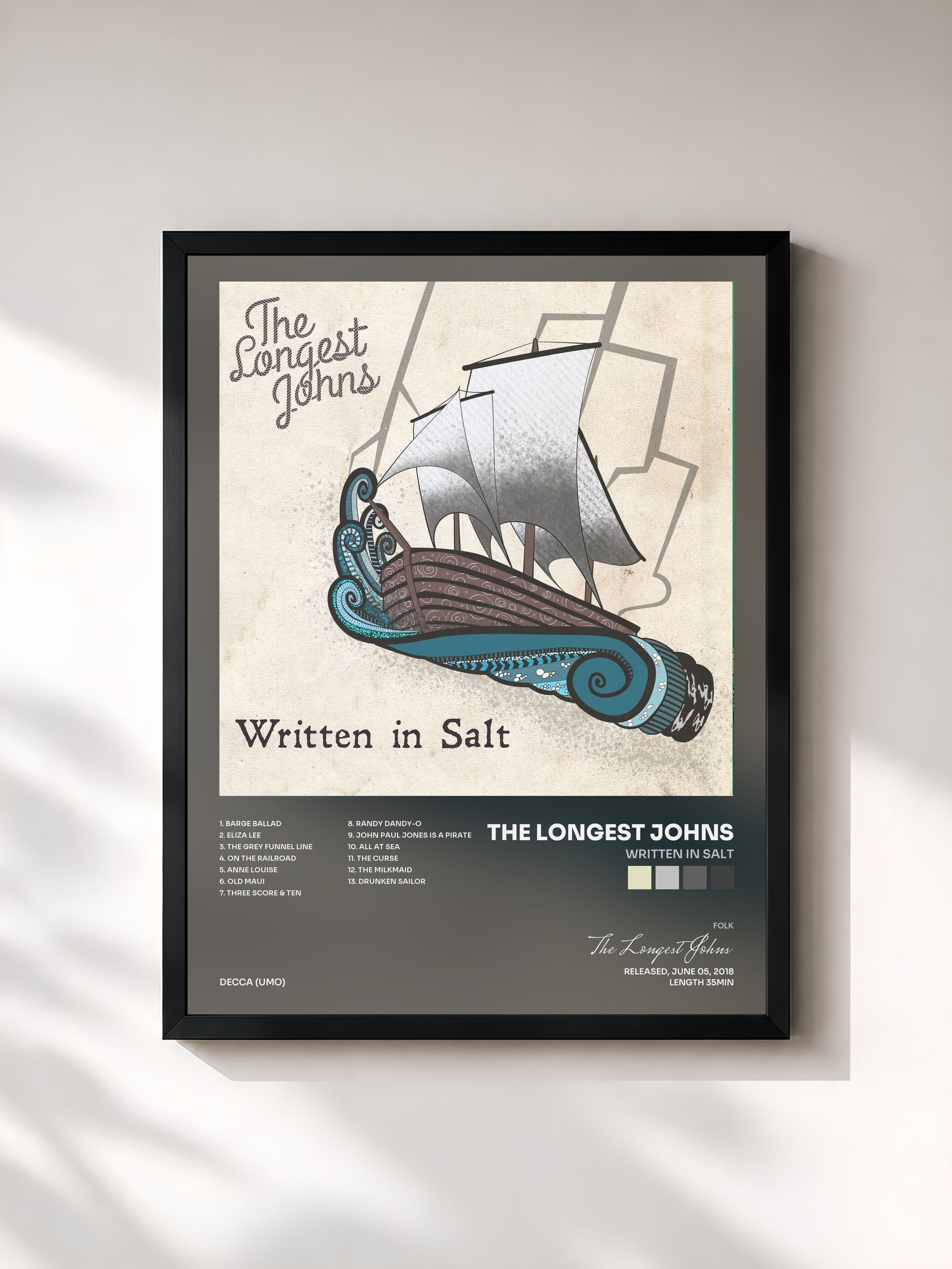 #noir Tableau de l'album Written In Salt de The Longest Johns, cadre noir, imprimé et encadré en France